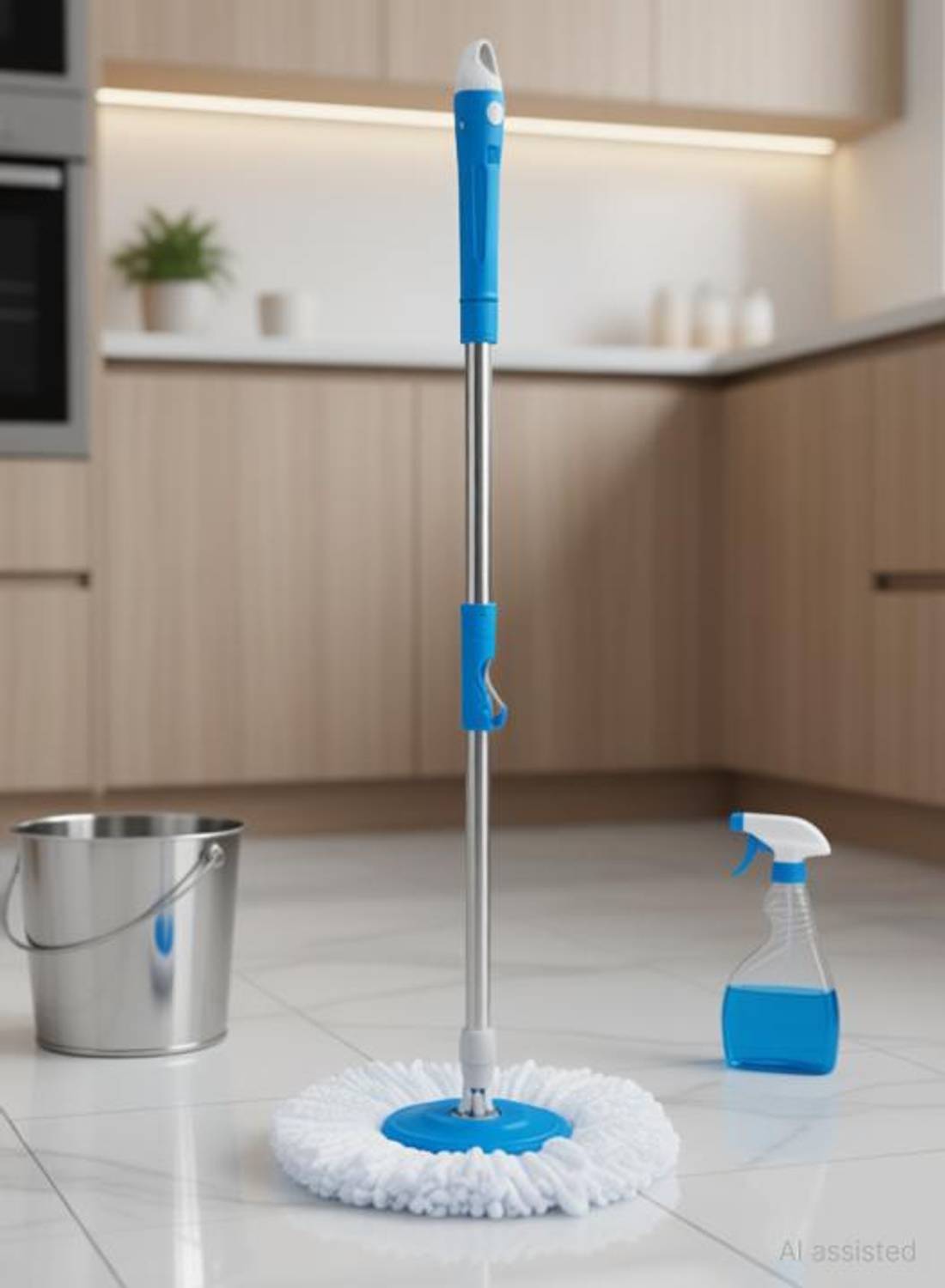 Aquawhirl Spin Mop Extendable Handle/Stick Rod with Microfiber Refill, White & Blue finish Mop Set