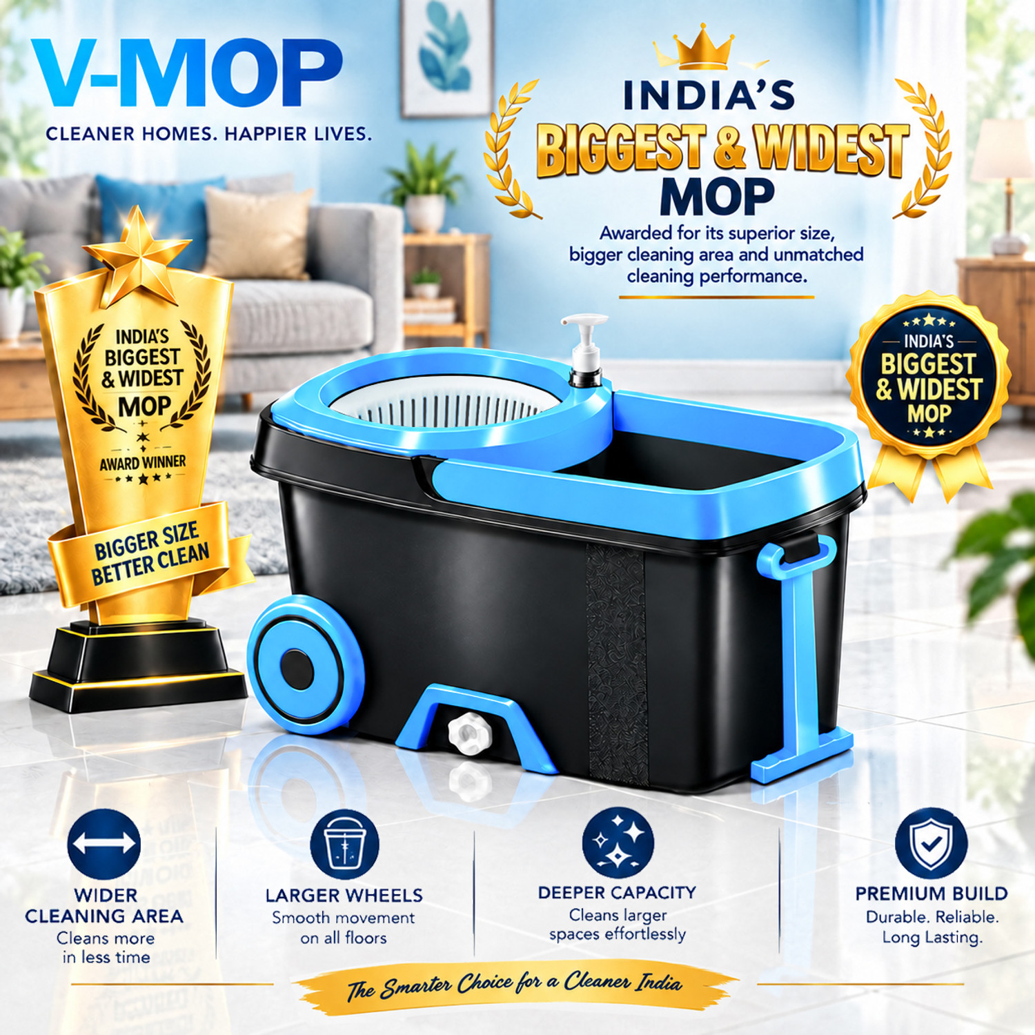 Image of V-MOP Biggest Bucket & Wider Spin mop with wiper & 2 head (6 months warranty on rod) Wet & Dry Mop