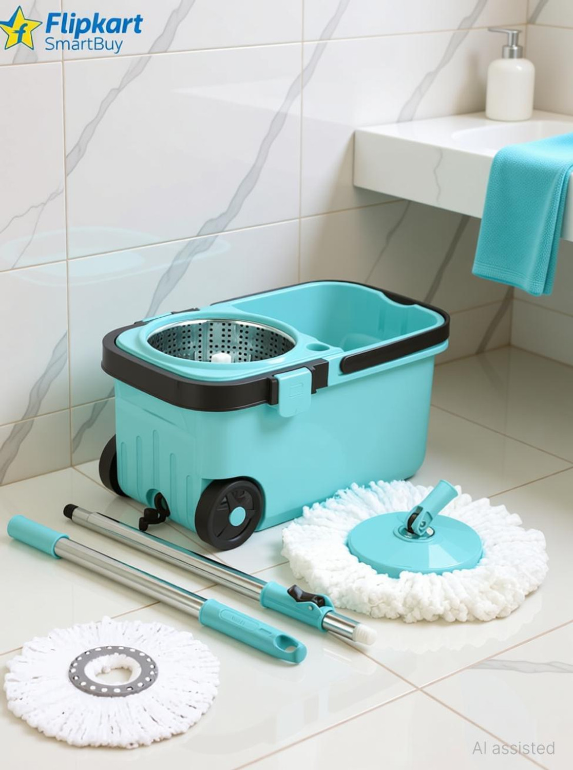 Image of Flipkart SmartBuy Easy To Clean Floor Magic Bucket 2 Absorbers,Wet and Dry Mop Set