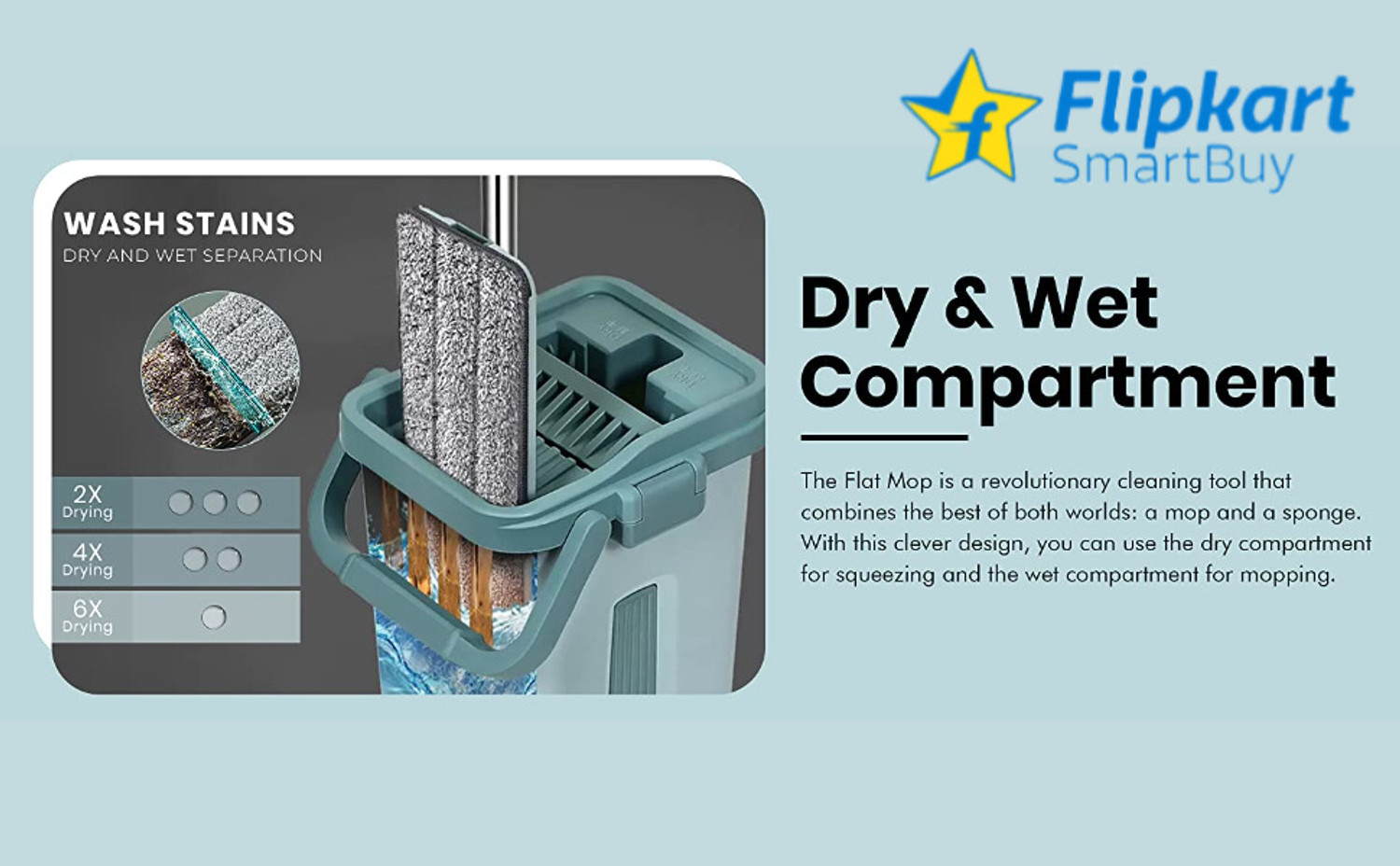 Image of Flipkart SmartBuy Green Flat Large Mop Bucket Set with 2 Soft Refill Pads & Handle (38 cm X 12 cm) Mop Set