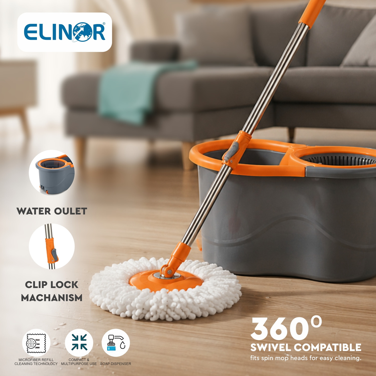 Image of ELINOR PLASTIC SPINNER BUCKET MOP 360 REVOLVING CLEANING MOP WITH 2 MICROFIBER REFILL Mop Set