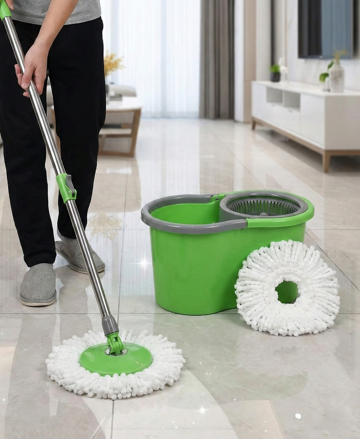 Image of Heart Home Extendable Handle Plastic Spin Mopping Bucket with 2 Refills | Green Mop Head and Rod