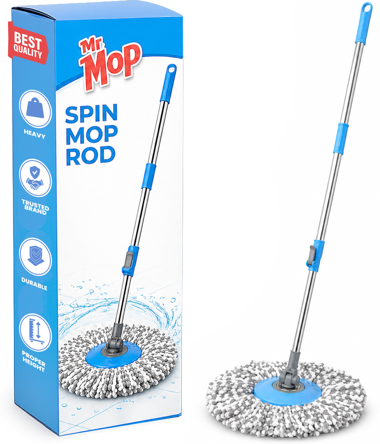 Image of MR. MOP Spin Mop Stick Rod with 1 Microfiber Refills for Home Floor Cleaning Mop Rod