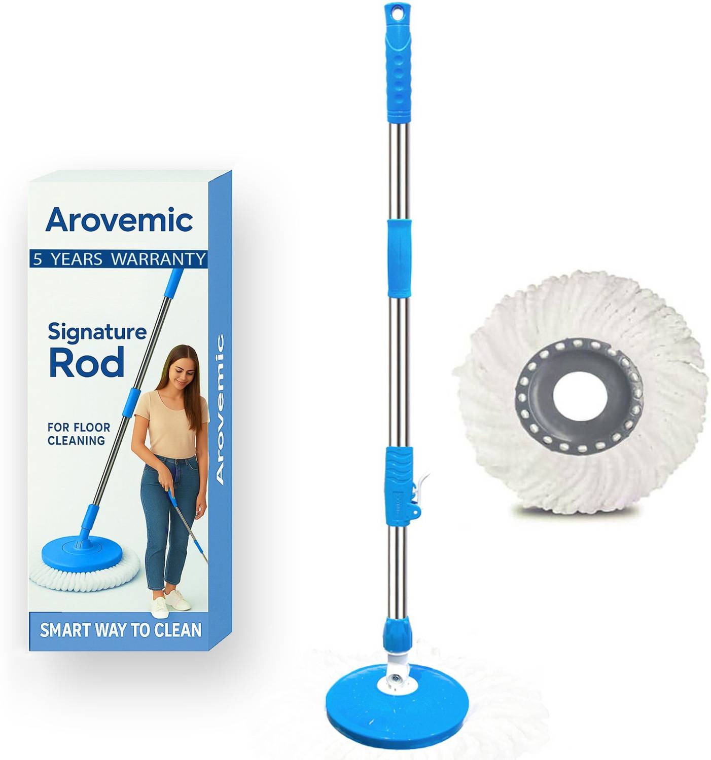 arovemic Adjustable Spin Mop Steel Rod | Anti Slip Grip | 360 Rotation | 5 Year Warranty String Mop
