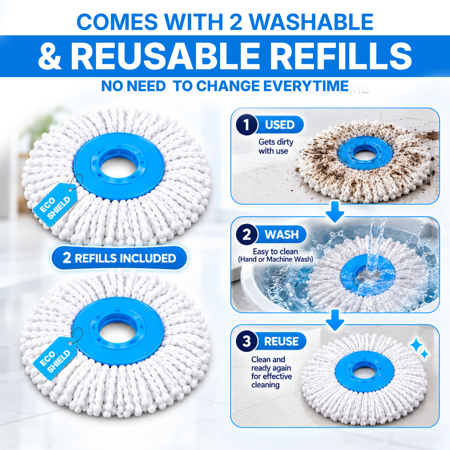 Image of Eco shield Floor Cleaning Mop Stick | 2 Free Refills | Saves Time & Effort Wet & Dry Mop