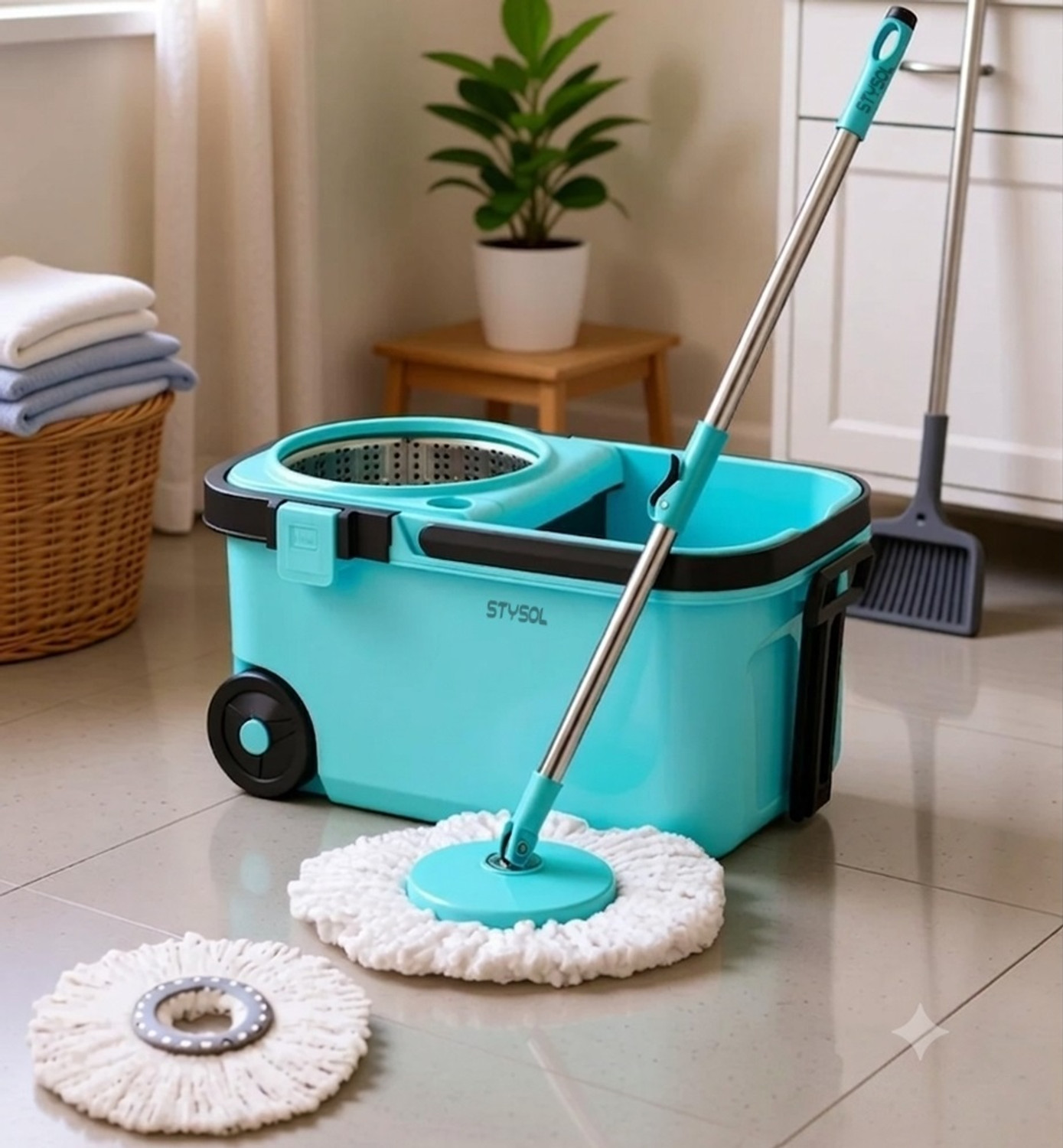 Image of Stysol STEEL SPINNER BUCKET MOP 360 REVOLVING CLEANING MOP WITH 2 MICROFIBER REFILL Mop Set