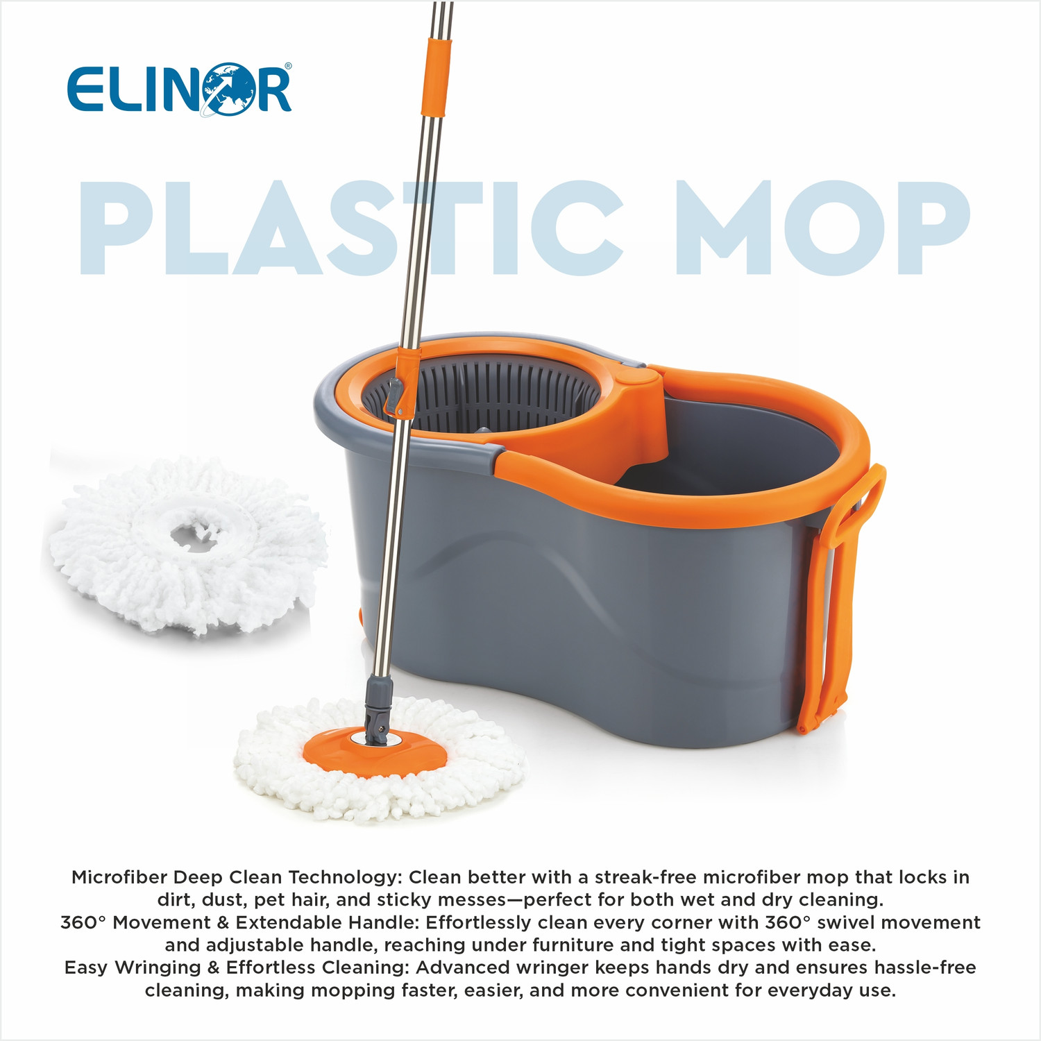 Image of ELINOR PLASTIC SPINNER BUCKET MOP 360 REVOLVING CLEANING MOP WITH 2 MICROFIBER REFILL Mop Set
