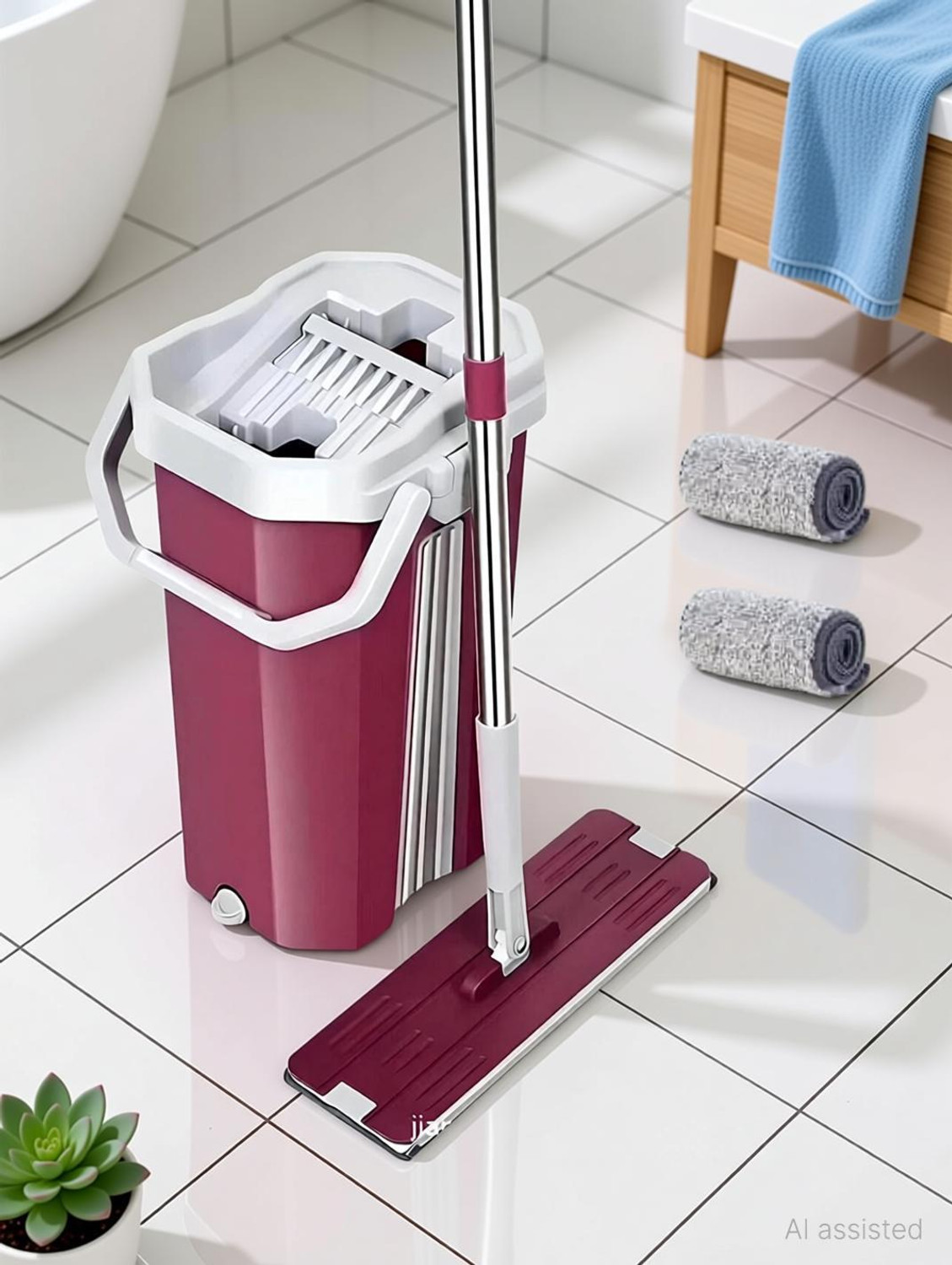 Image of Upkaranwale Fuchsia flat mop and bucket set with 2 Soft Refill Pads & Handle (38 * 12 CM ) Flat Mop