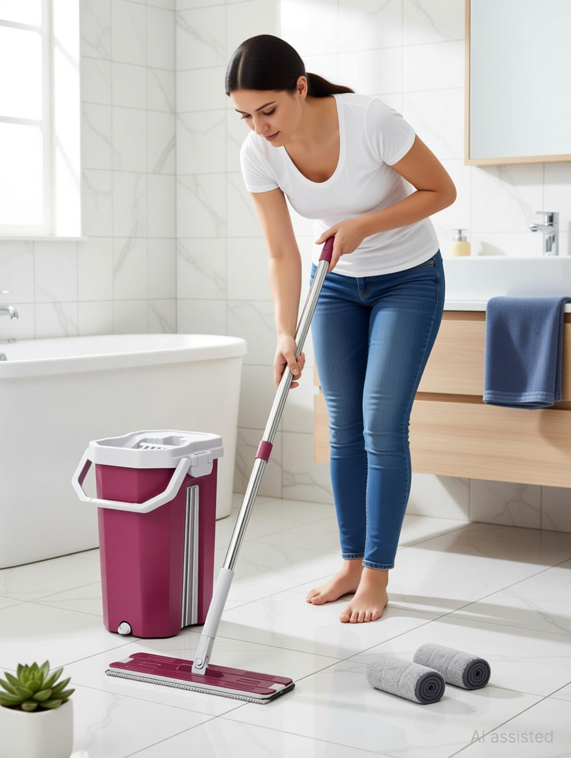 Image of Upkaranwale Fuchsia flat mop and bucket set with 2 Soft Refill Pads & Handle (38 * 12 CM ) Flat Mop