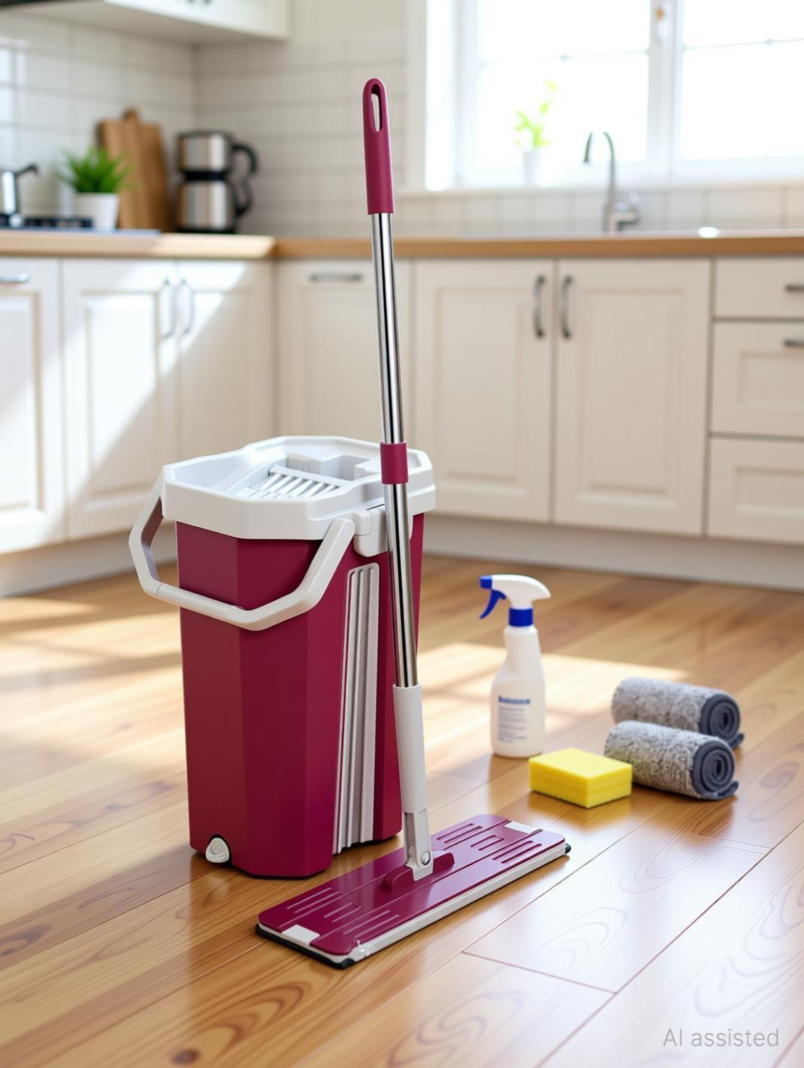 Image of Upkaranwale Fuchsia flat mop and bucket set with 2 Soft Refill Pads & Handle (38 * 12 CM ) Flat Mop