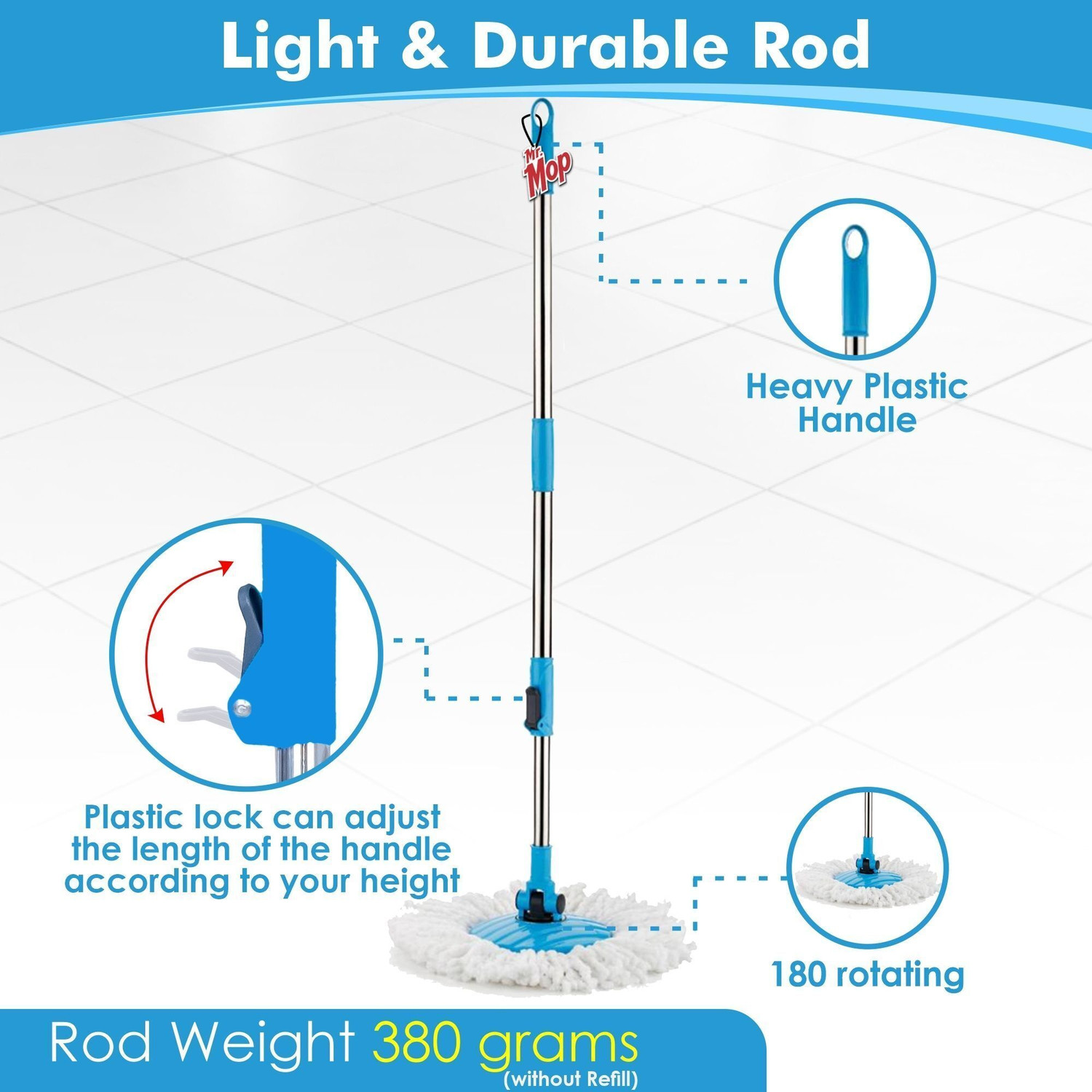 Image of MR. MOP 360 Spin Universal Heavy Stick Rod with 1 Refill - Extendable Handle Pocha Mop Rod
