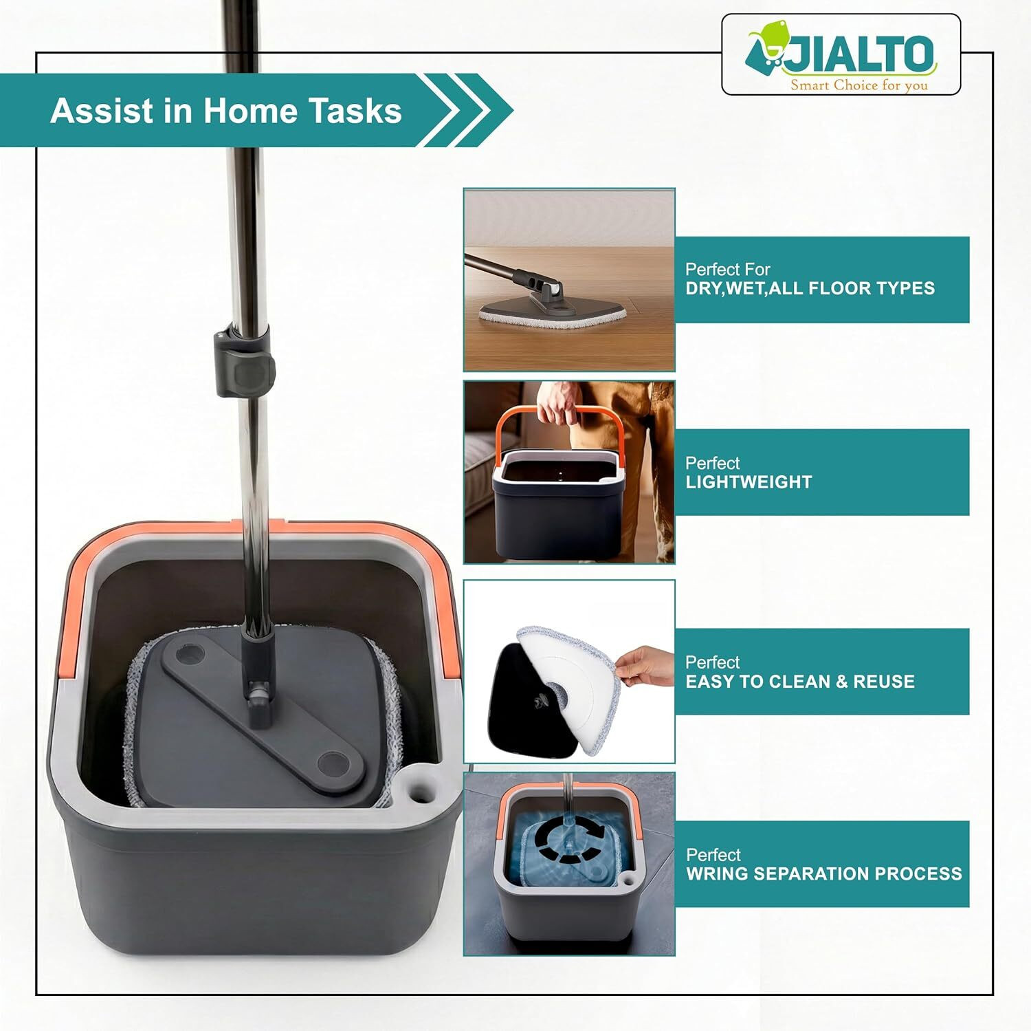 Image of JIALTO 360 Spin Mop Set with Square Bucket & 2 Microfiber Pads | Easy Floor Cleaning Wet & Dry Mop