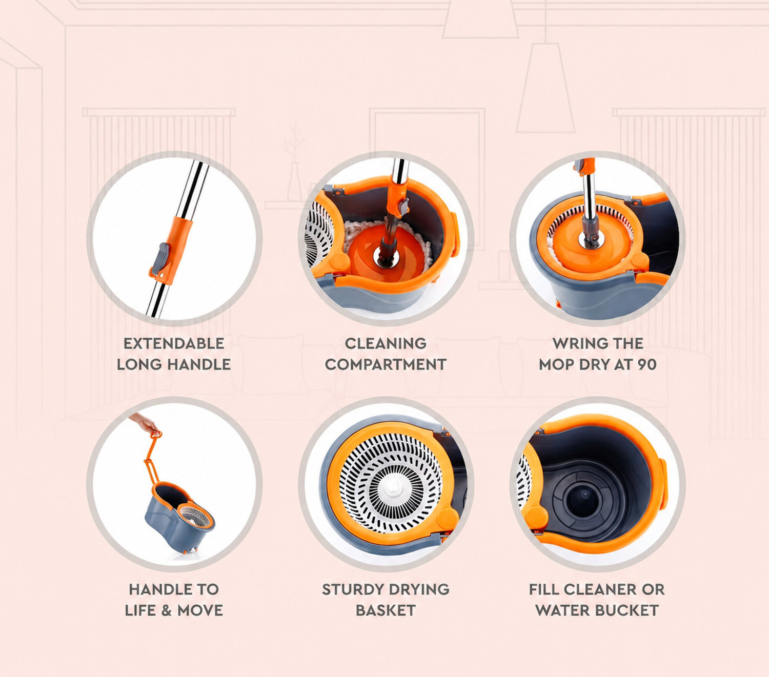 Image of ELINOR PLASTIC SPINNER BUCKET MOP 360 REVOLVING CLEANING MOP WITH 2 MICROFIBER REFILL Mop Set