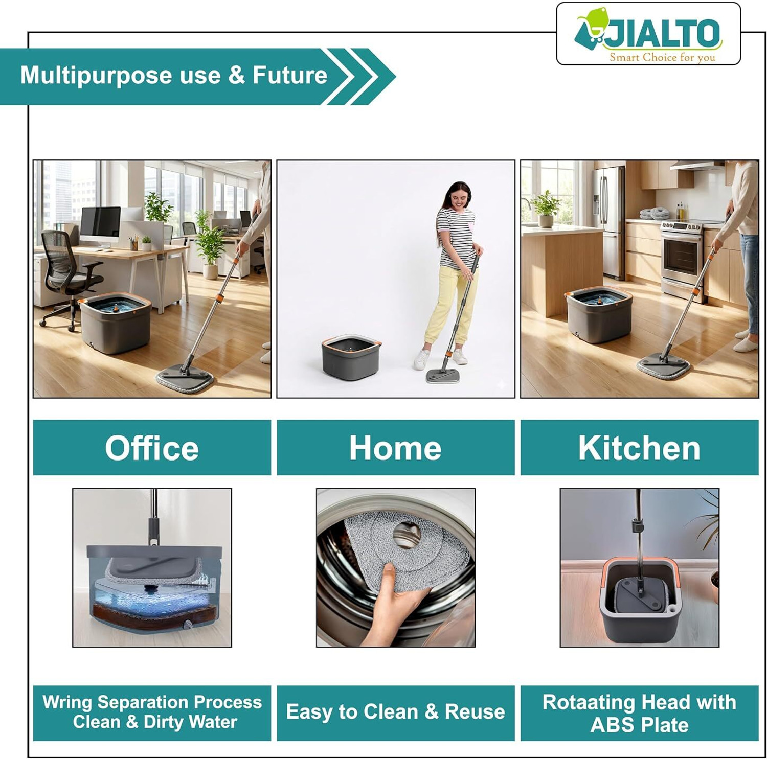 Image of JIALTO 360 Spin Mop Set with Square Bucket & 2 Microfiber Pads | Easy Floor Cleaning Wet & Dry Mop