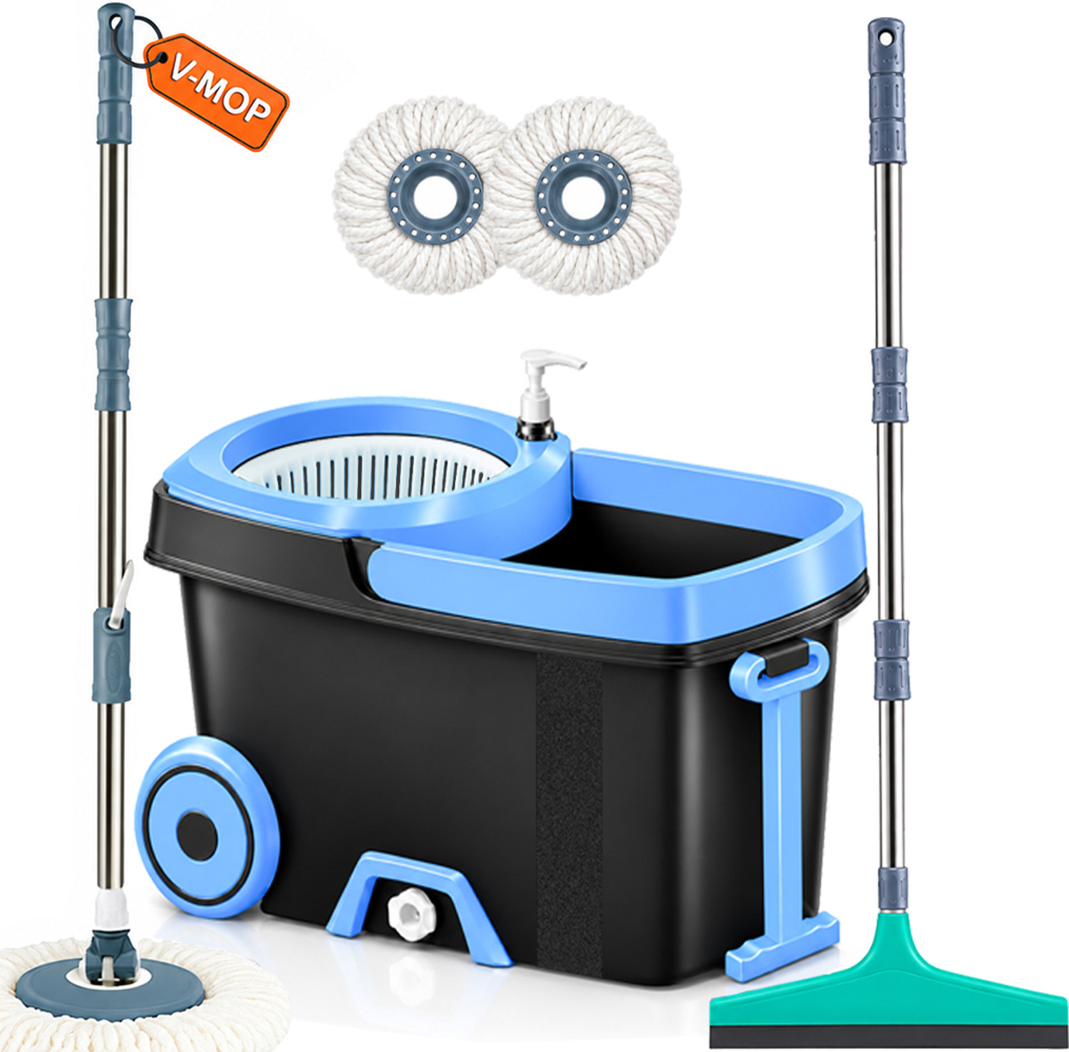 Image of V-MOP Biggest Bucket & Wider Spin mop with wiper & 2 head (6 months warranty on rod) Wet & Dry Mop