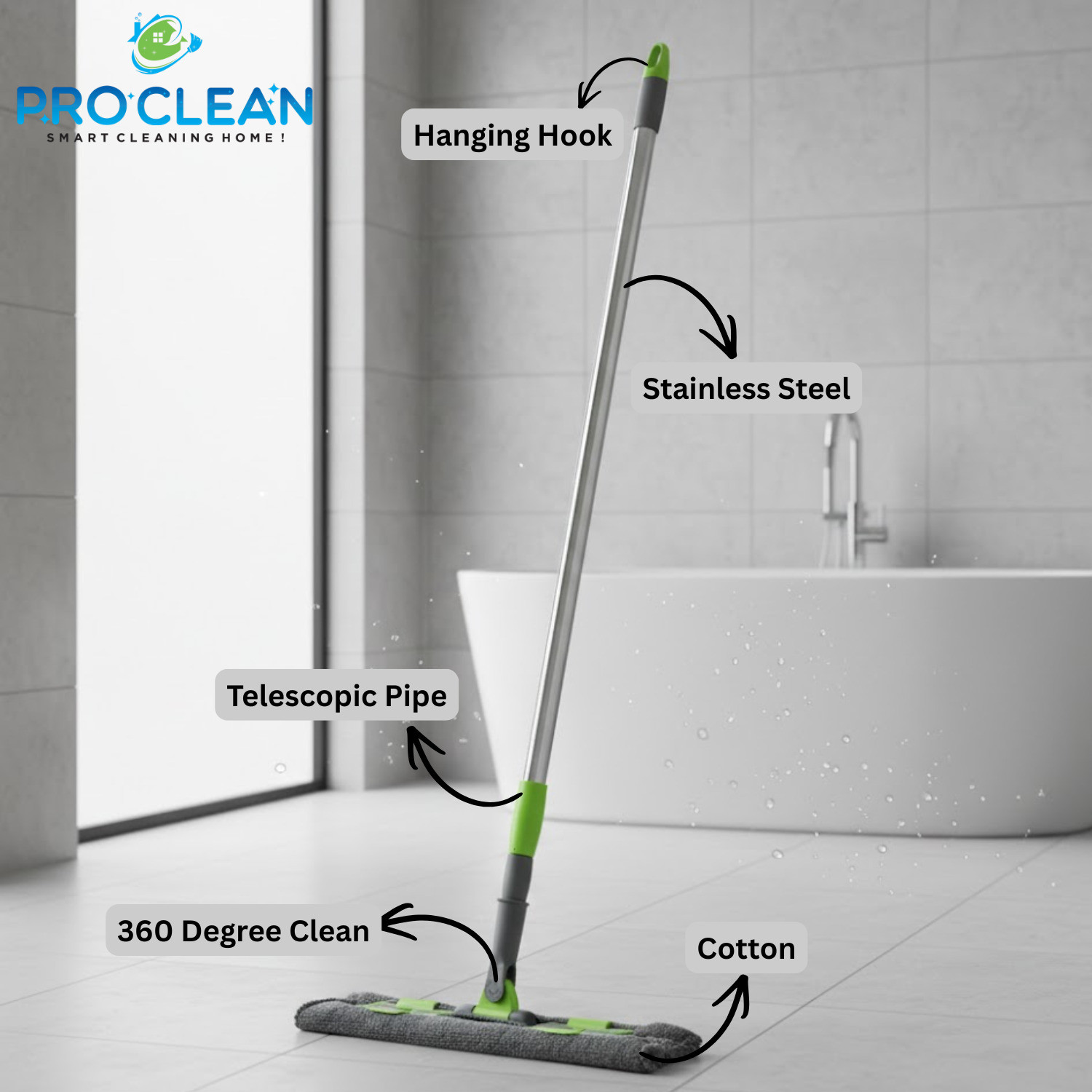Image of PROCLEAN ProClean 360 Degree Flat Mop with SS Telescopic Pipe for Floor Cleaning Wet & Dry Mop