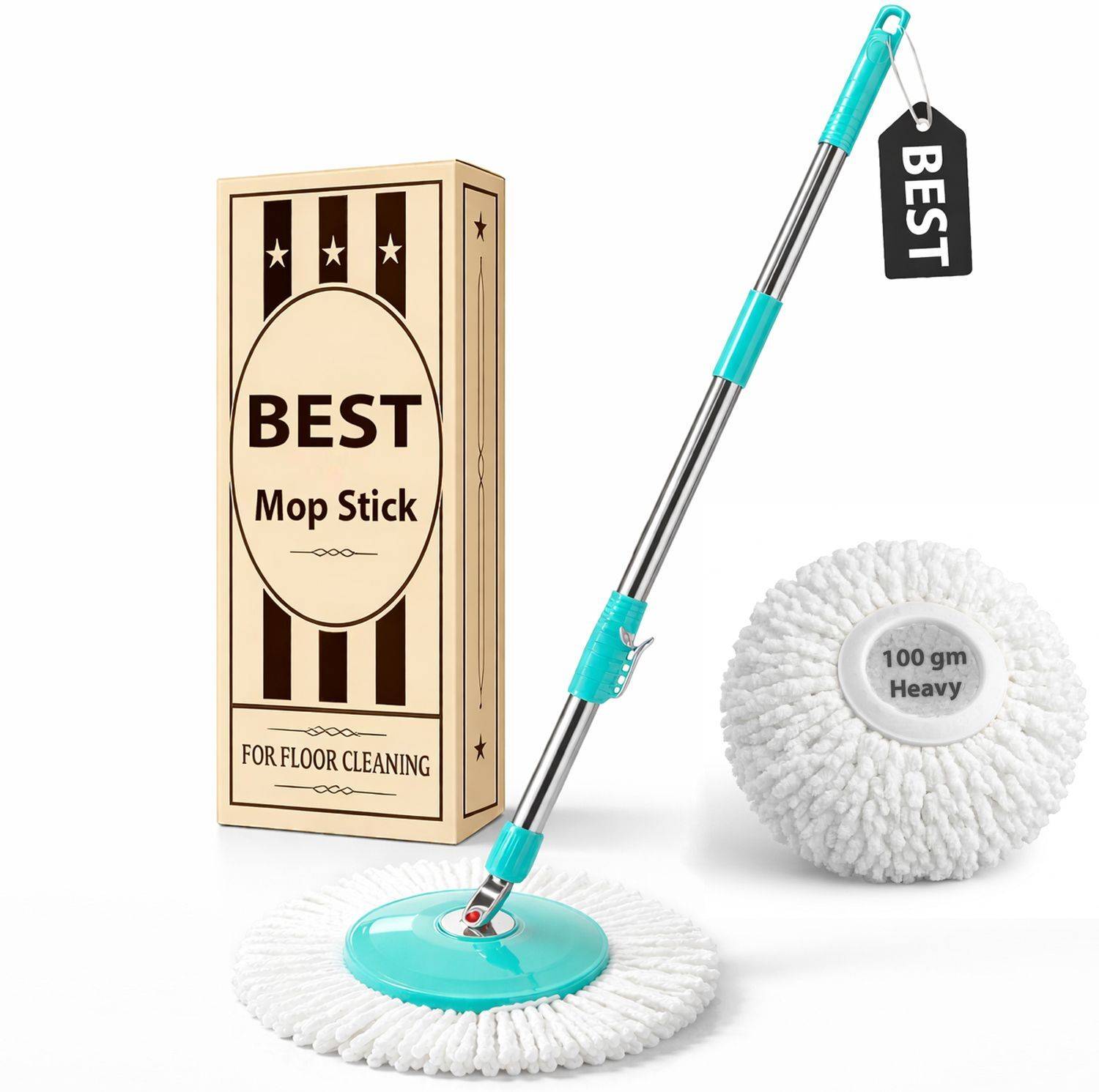 arovemic by Mi|ton Heavy Duty Mop Stick with 1 Refill | 360° Spin & Steel Rod String Mop