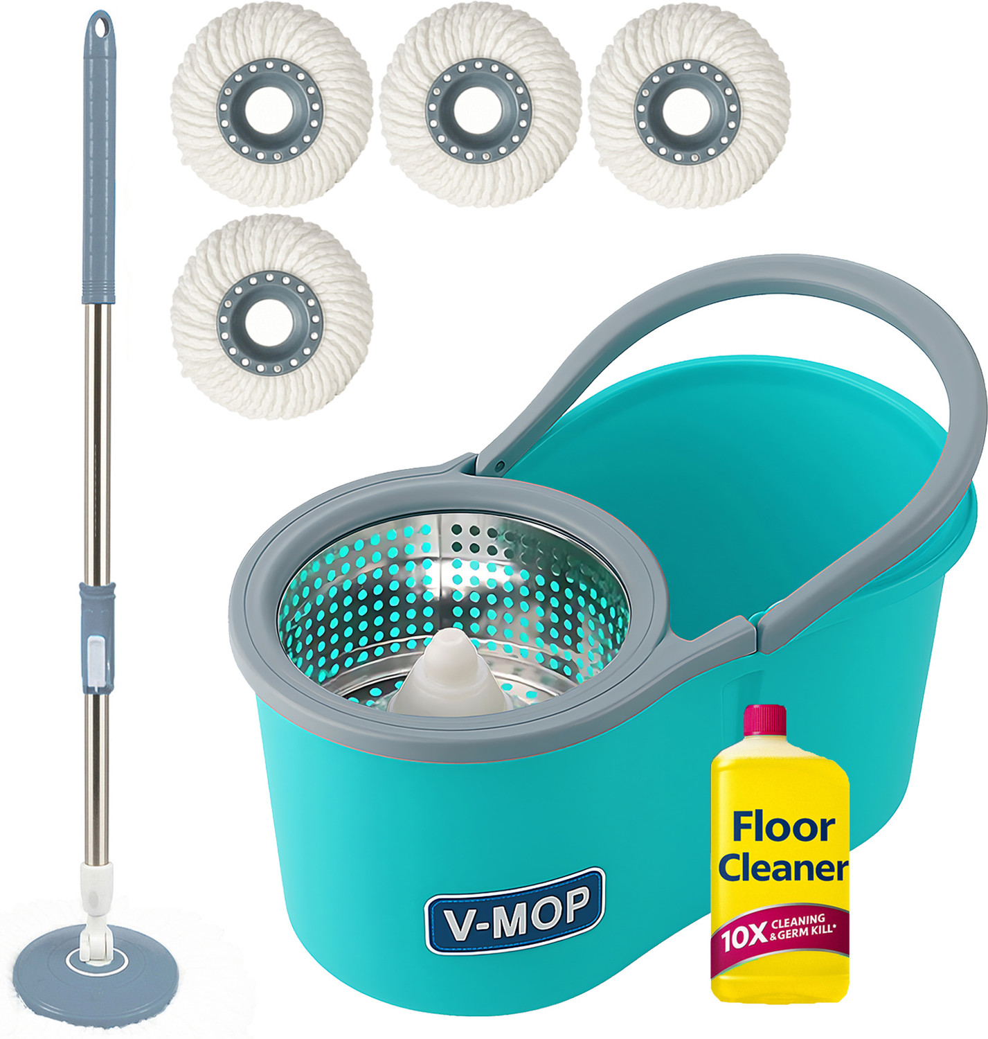 Image of V-MOP Premium Classic Spin Bucket Mop With 4 Refills (( 6 Months Warranty on Rod )) Wet & Dry Mop (Green, Multicolor)