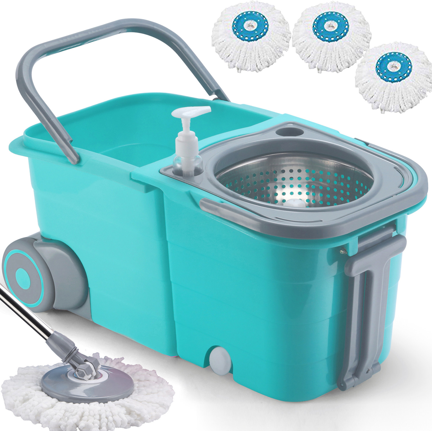 Image of THUNDER FIT START FRESH Steel Double Twin Bucket Mop with 3 Microfiber Heads ( C-Green) Mop Set
