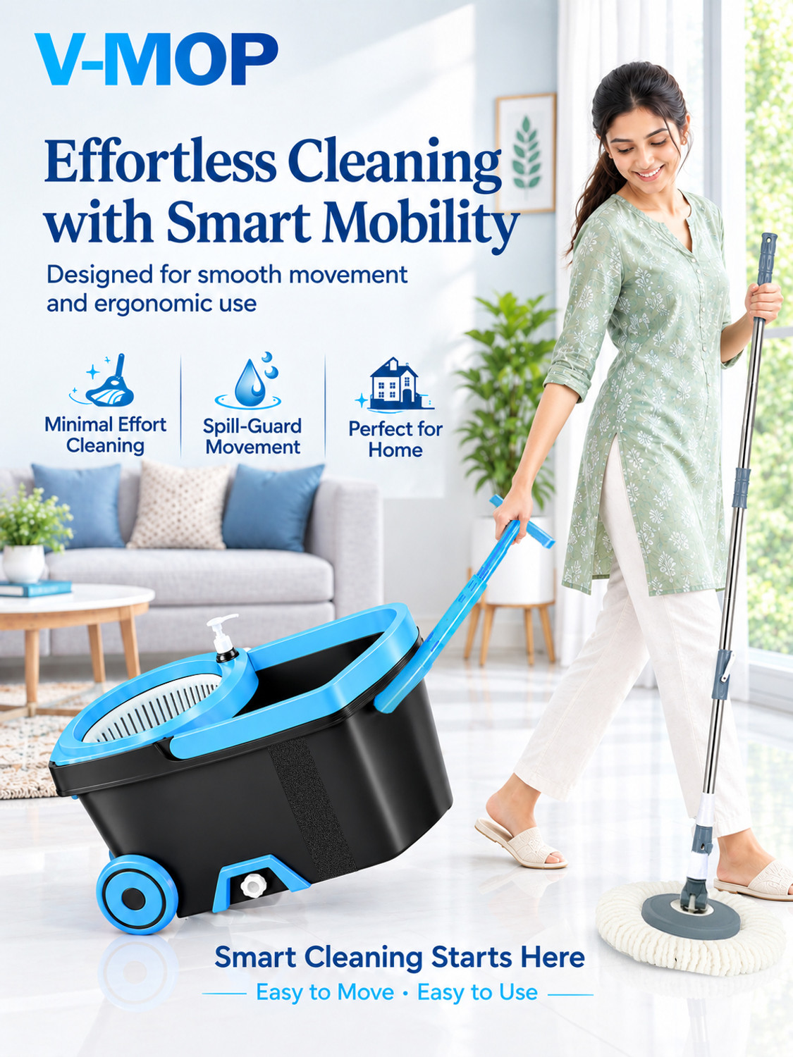 Image of V-MOP Biggest Bucket & Wider Spin mop with wiper & 2 head (6 months warranty on rod) Wet & Dry Mop