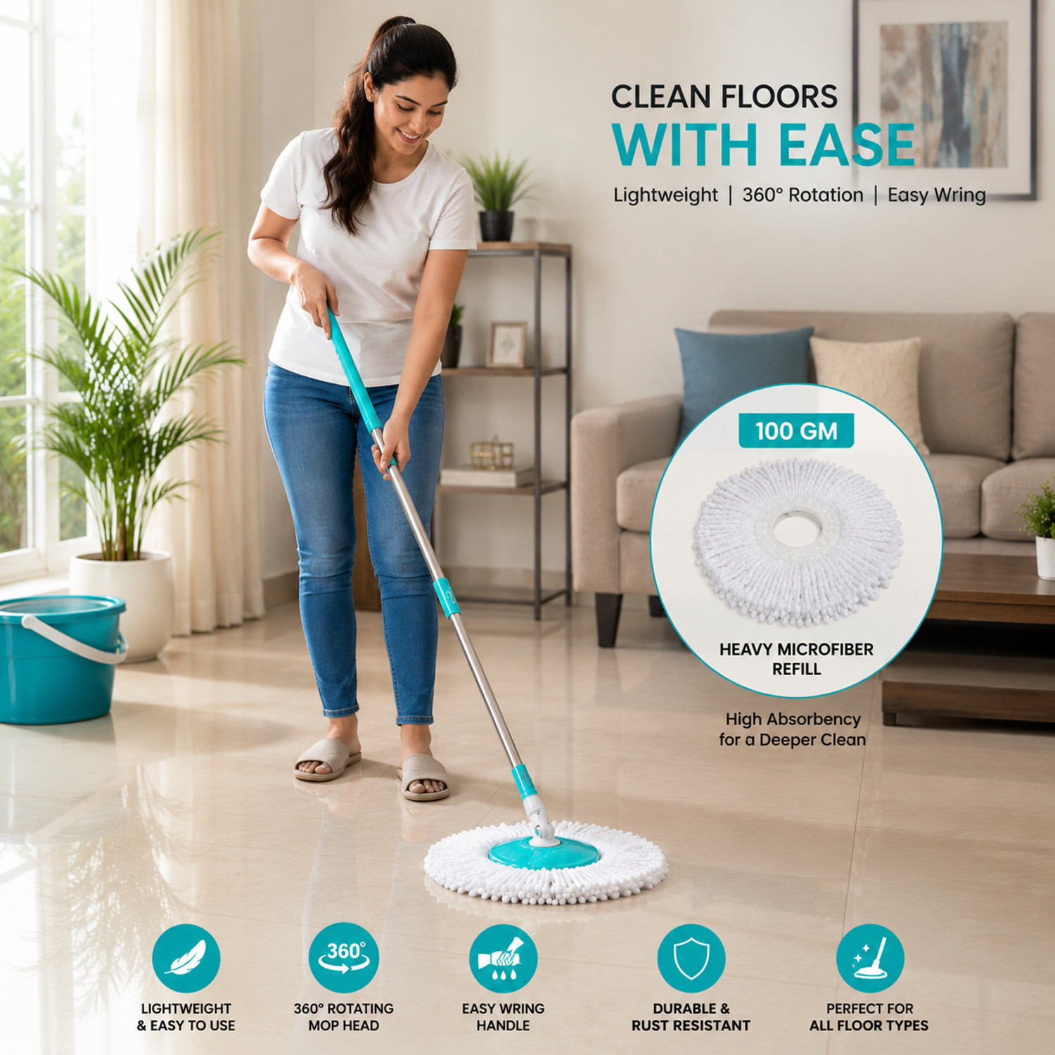 Image of FIXWELL Mop Stick 360 | Floor Cleaner Mop | Steel Handle | 100 GM Refill Wet & Dry Mop (Green)