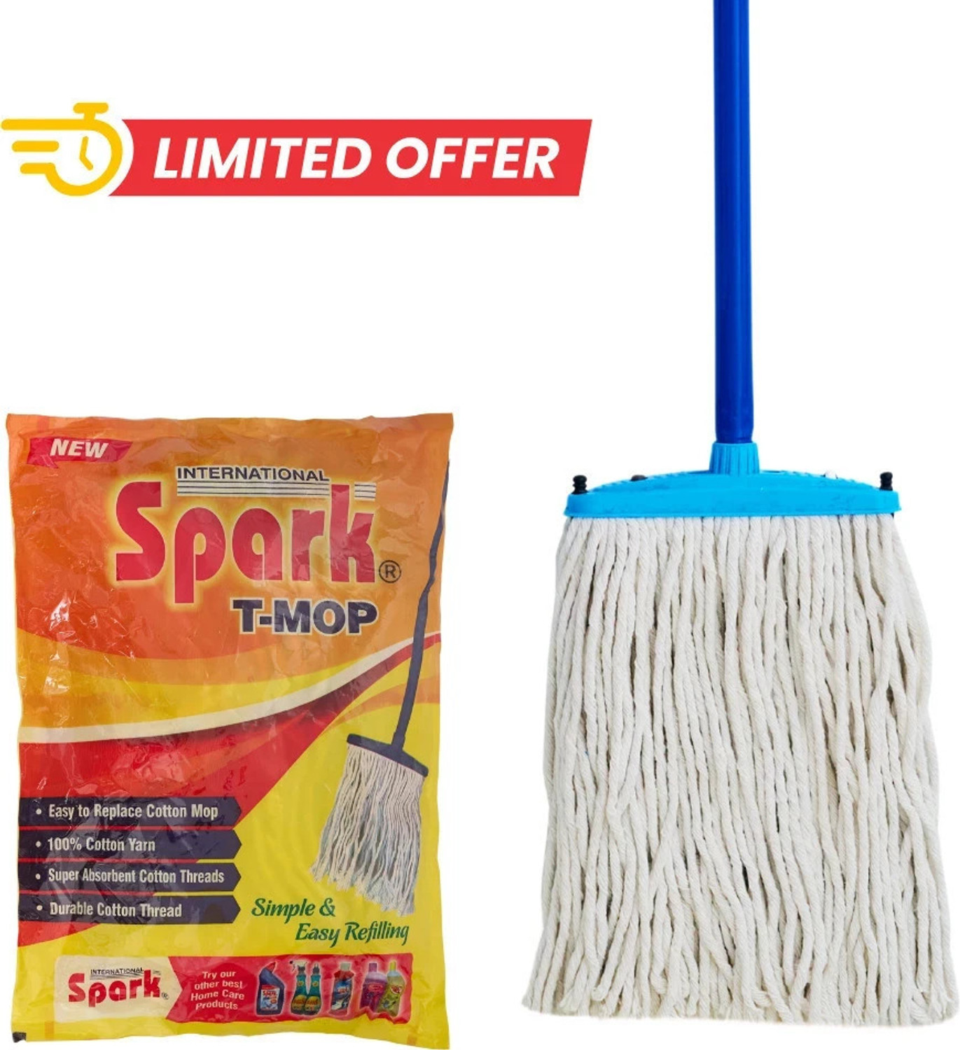 Image of Spark International T-Mop Set | 100% Pure Cotton | Stainless Steel Handle | Easy Floor Cleaning Mop Set