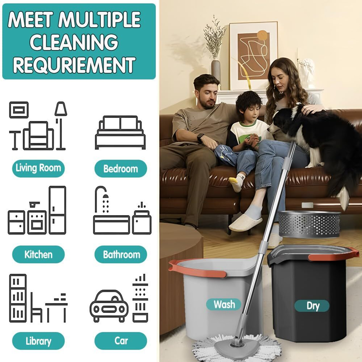 Image of Hemovia 360 Degree Rotation Mop Set with Bucket, Floor Mop Complete Set with Adjustable Mop Set