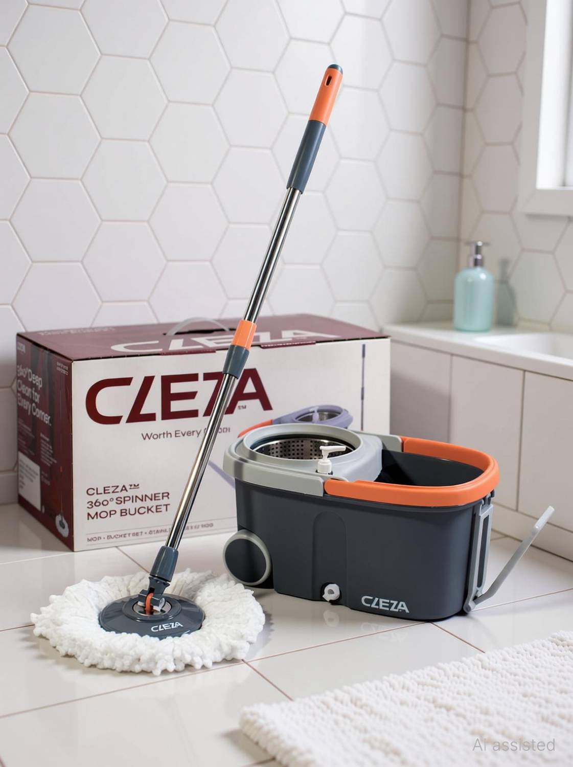 Cleza A02Spin Mop with Stainless Steel Wringer & Big Wheels 360