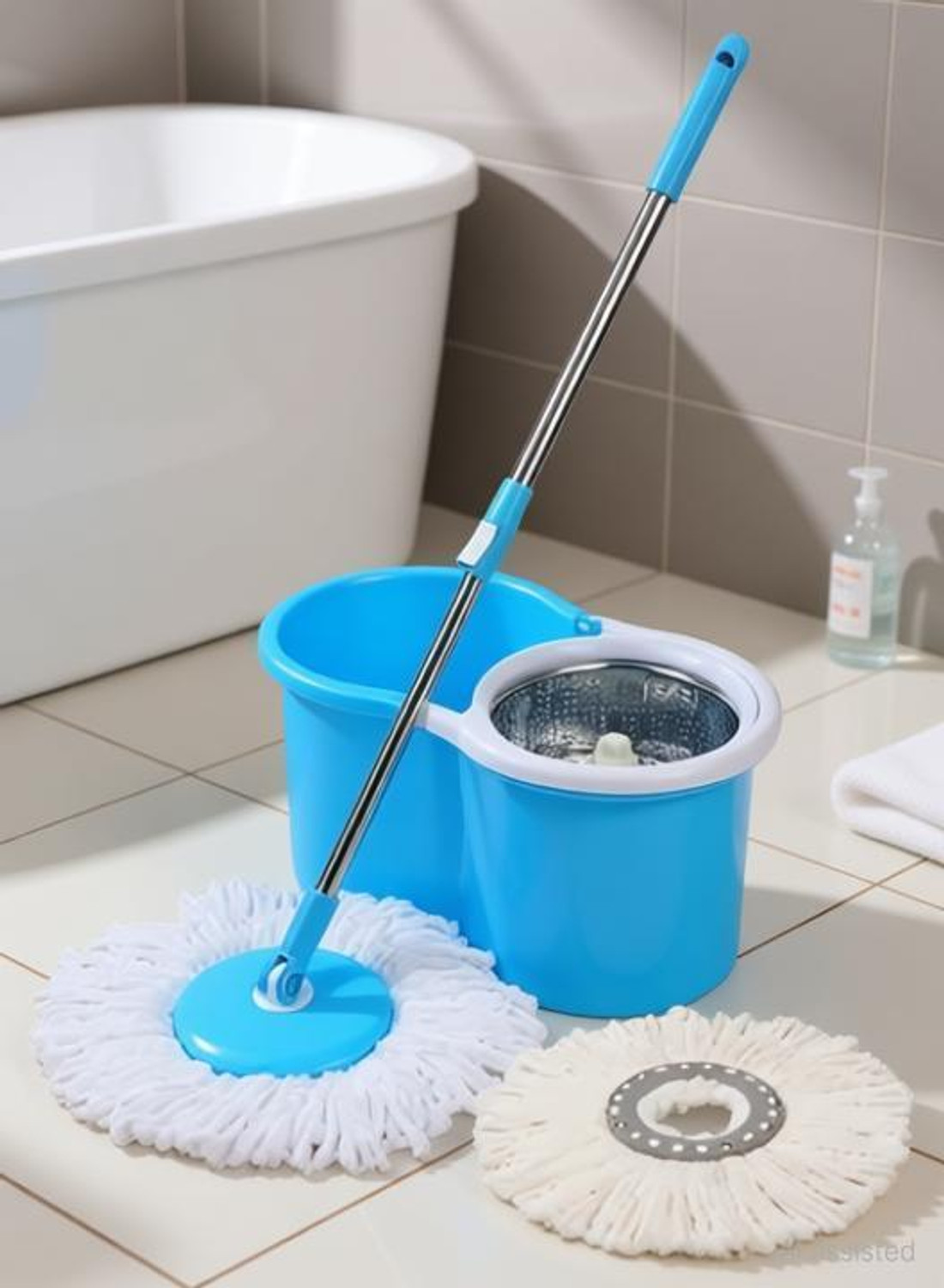 Image of Ayush Premium Steel Sprinkler 2 Microfiber refills Blue Colour Mop Set
