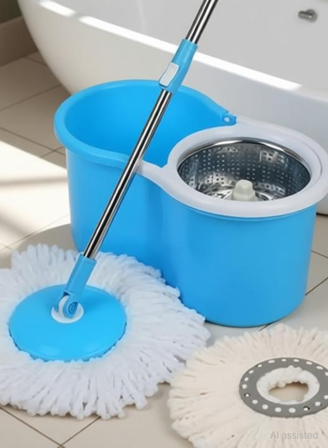 Image of Ayush Premium Steel Sprinkler 2 Microfiber refills Blue Colour Mop Set