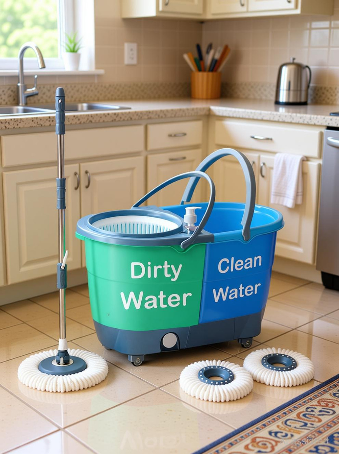 Image of V-MOP Premium C-Green Deluxe Jumbo Spin Mop Bucket with ( 3 Refill ) Wet & Dry Mop