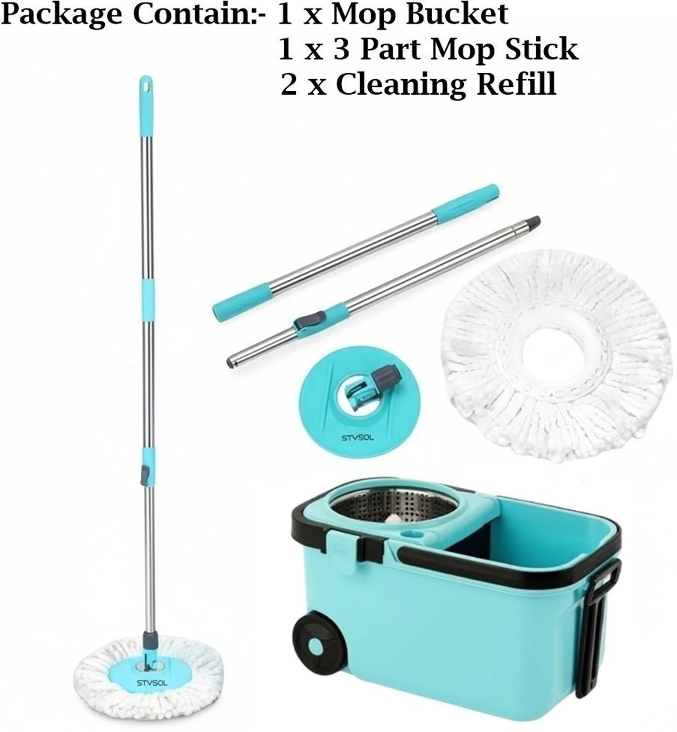 Image of Stysol STEEL SPINNER BUCKET MOP 360 REVOLVING CLEANING MOP WITH 2 MICROFIBER REFILL Mop Set