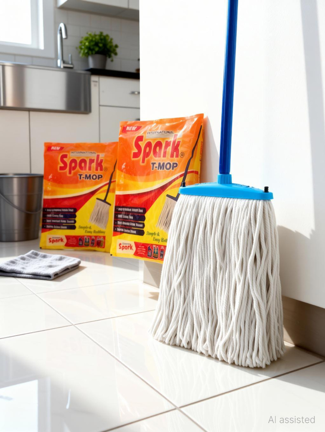 Image of Spark International T-Mop Set (Pack of 2) | 100% Pure Cotton | Easy Floor Cleaning | Stainless Steel Mop Set