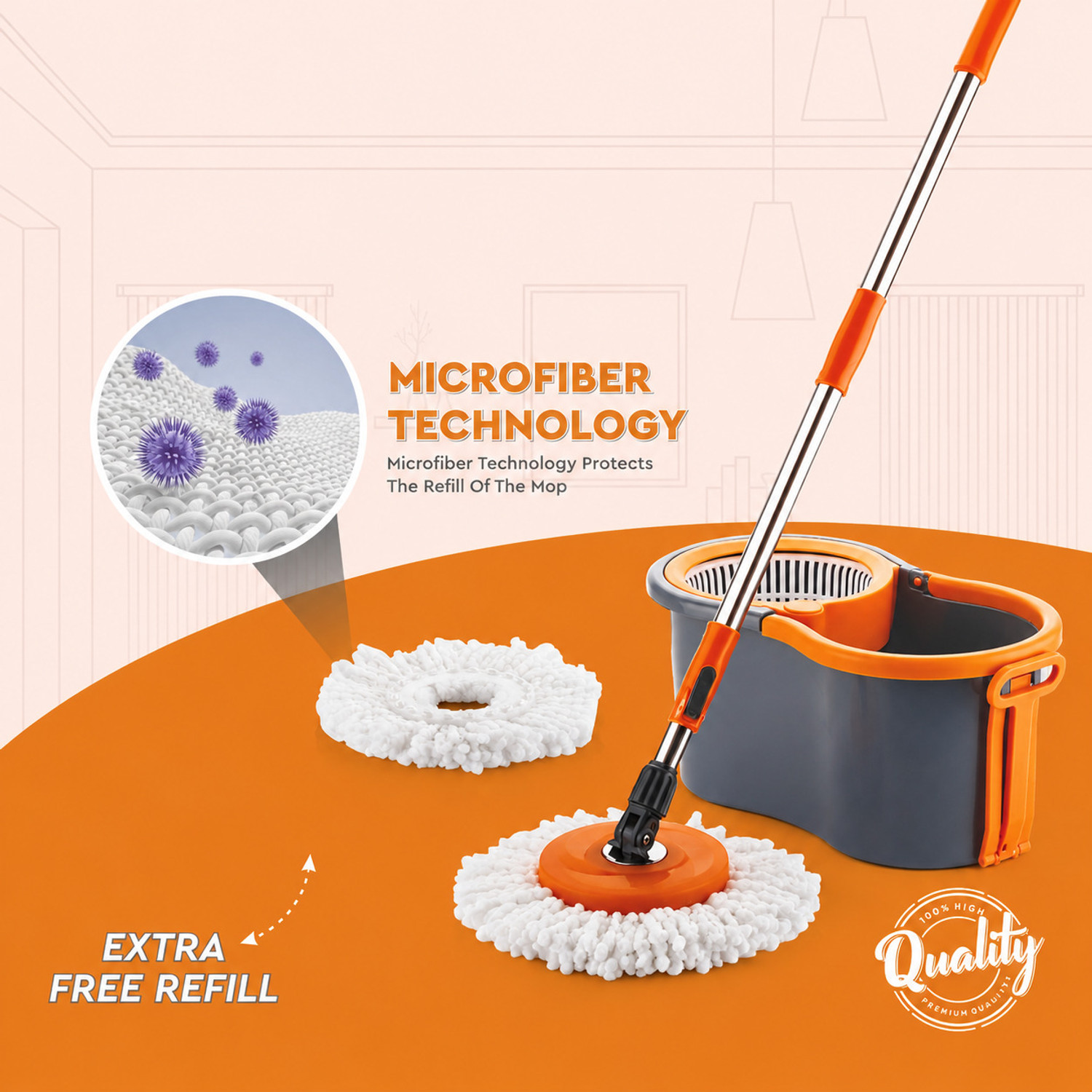 Image of ELINOR PLASTIC SPINNER BUCKET MOP 360 REVOLVING CLEANING MOP WITH 2 MICROFIBER REFILL Mop Set