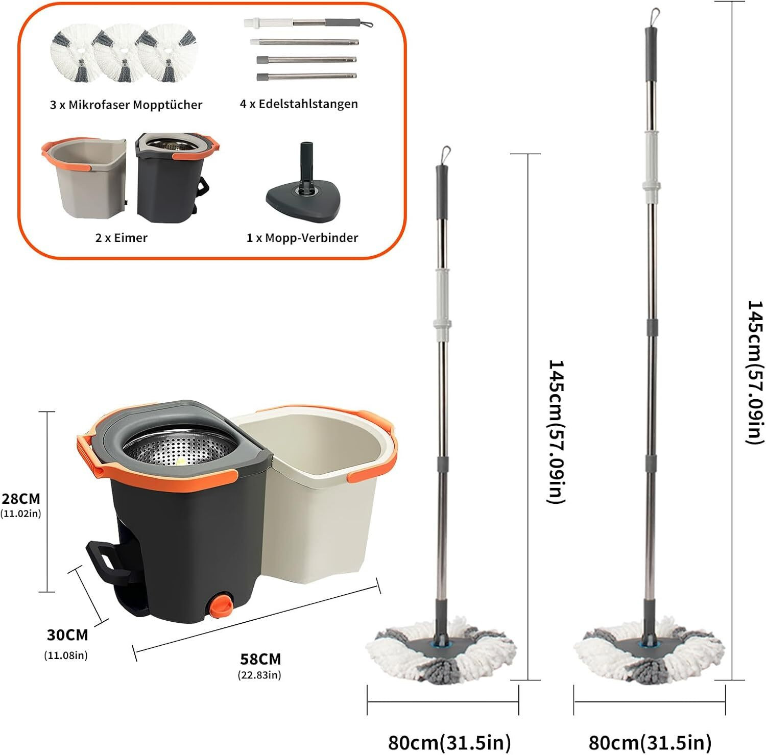Image of Owme Mop Bucket with Foot Pedal, Twin Bucket, Steel Wringer & Mop Refills Mop Set
