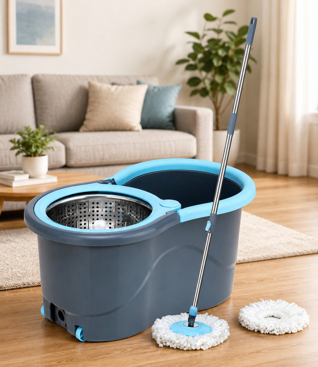 Image of ELINOR STEEL SPINNER BUCKET MOP 360 REVOLVING CLEANING MOP WITH 2 MICROFIBER REFILL Mop Set