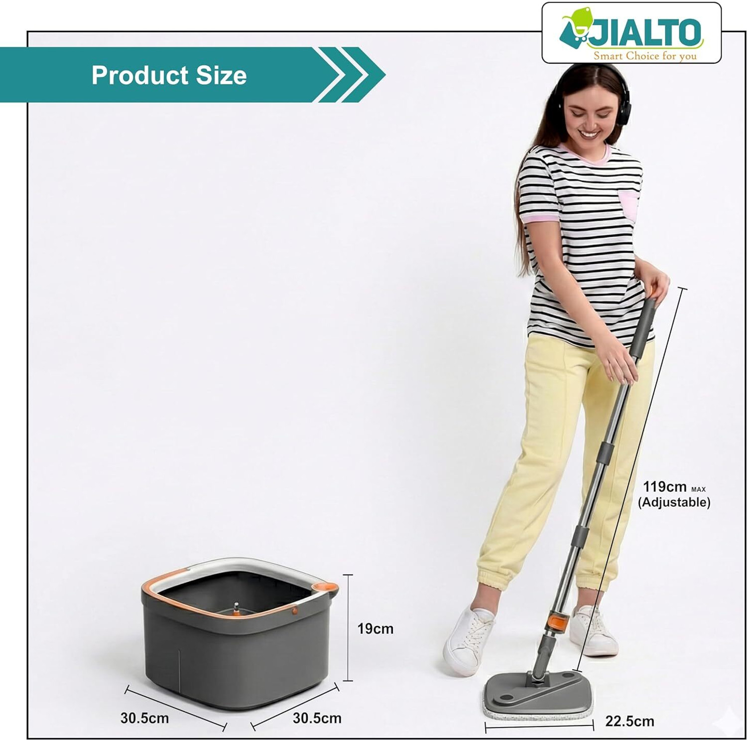 Image of JIALTO 360 Spin Mop Set with Square Bucket & 2 Microfiber Pads | Easy Floor Cleaning Wet & Dry Mop