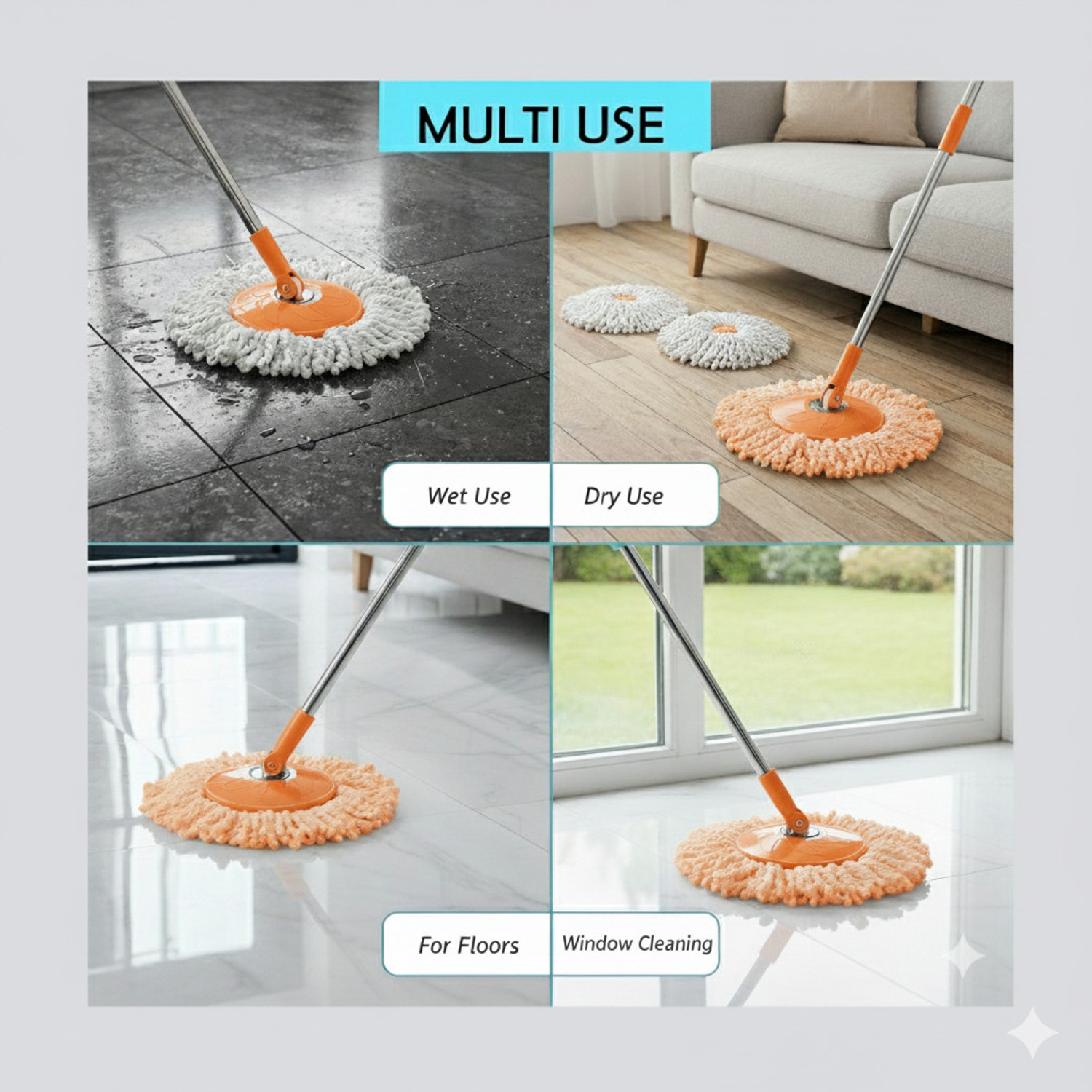 Image of Ayush Premium Economy Spin Mop-Rod Stick, Mop Head and 1 Microfiber Refill - Wet & Dry 360 Mop Rod