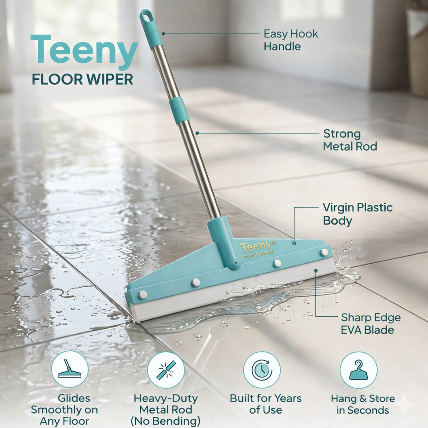 Image of UNIQUE Premium Teeny floor wiper for Bathroom cleaning (12x36 in) metal rod & EVA blade Floor Wiper