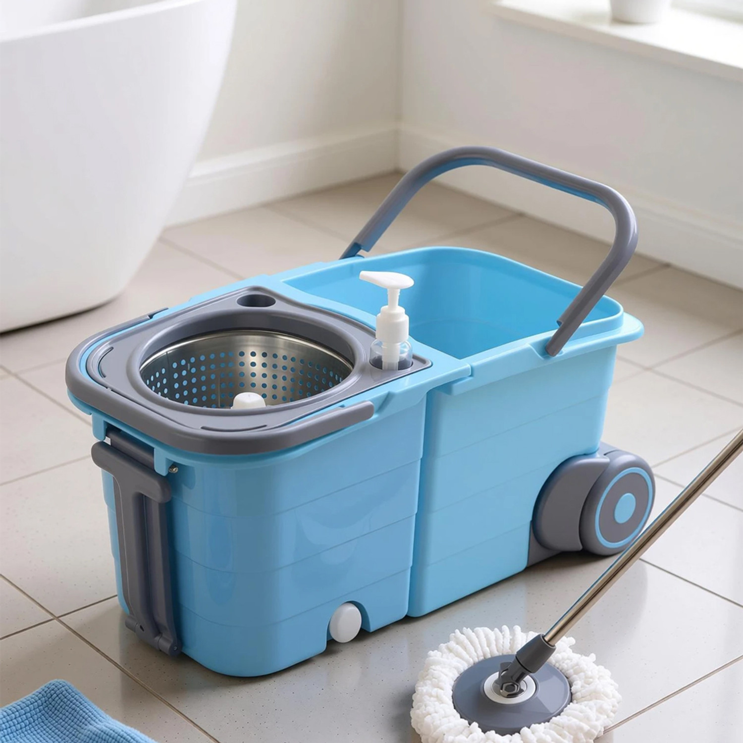 Image of V-MOP Premium Blue Double Twin Bucket Mop Set (( 6 Months Warranty on Rod Set )) Wet & Dry Mop