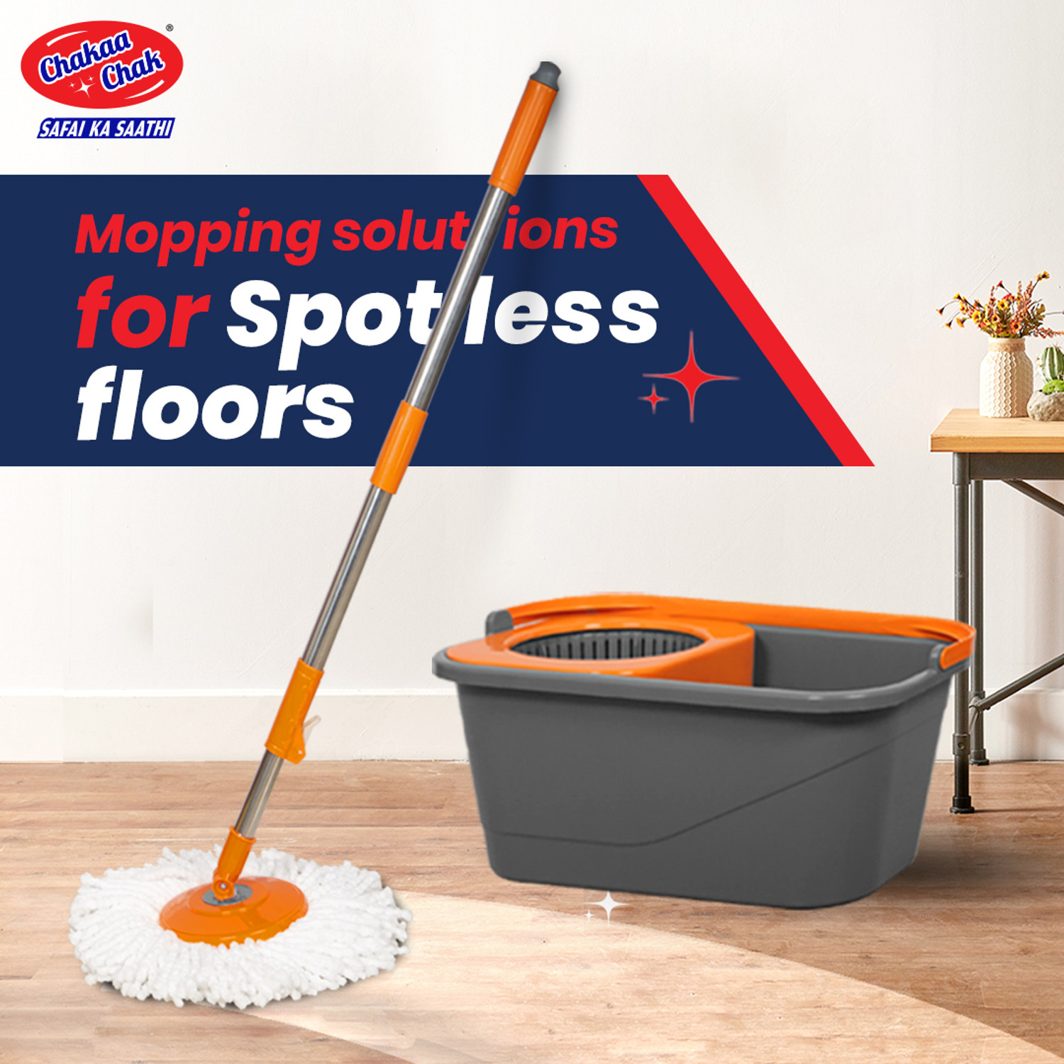 Image of Chakaachak Rotolite Spin Bucket MOP,For Floor,Home & Office Surface Cleaning Mop Set (Orange, Grey)