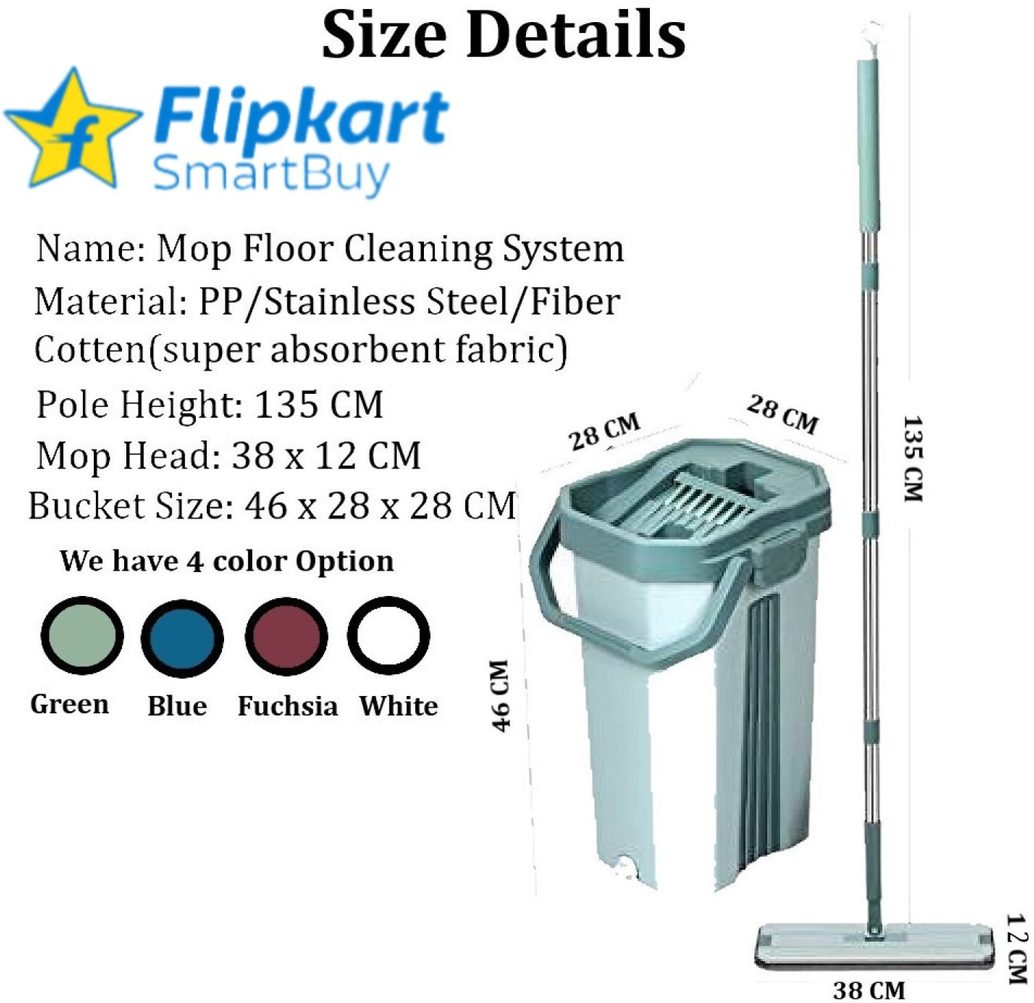 Image of Flipkart SmartBuy Green Flat Large Mop Bucket Set with 2 Soft Refill Pads & Handle (38 cm X 12 cm) Mop Set