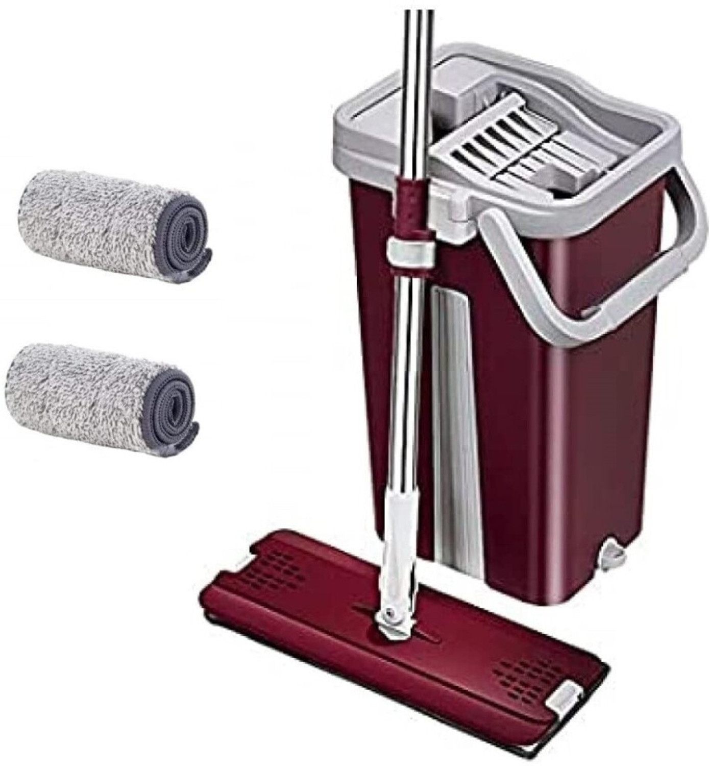 Image of V2H Small Bucket Mop With 2 Microfiber Mops For Floor Cleaning Flat Mop (Maroon)