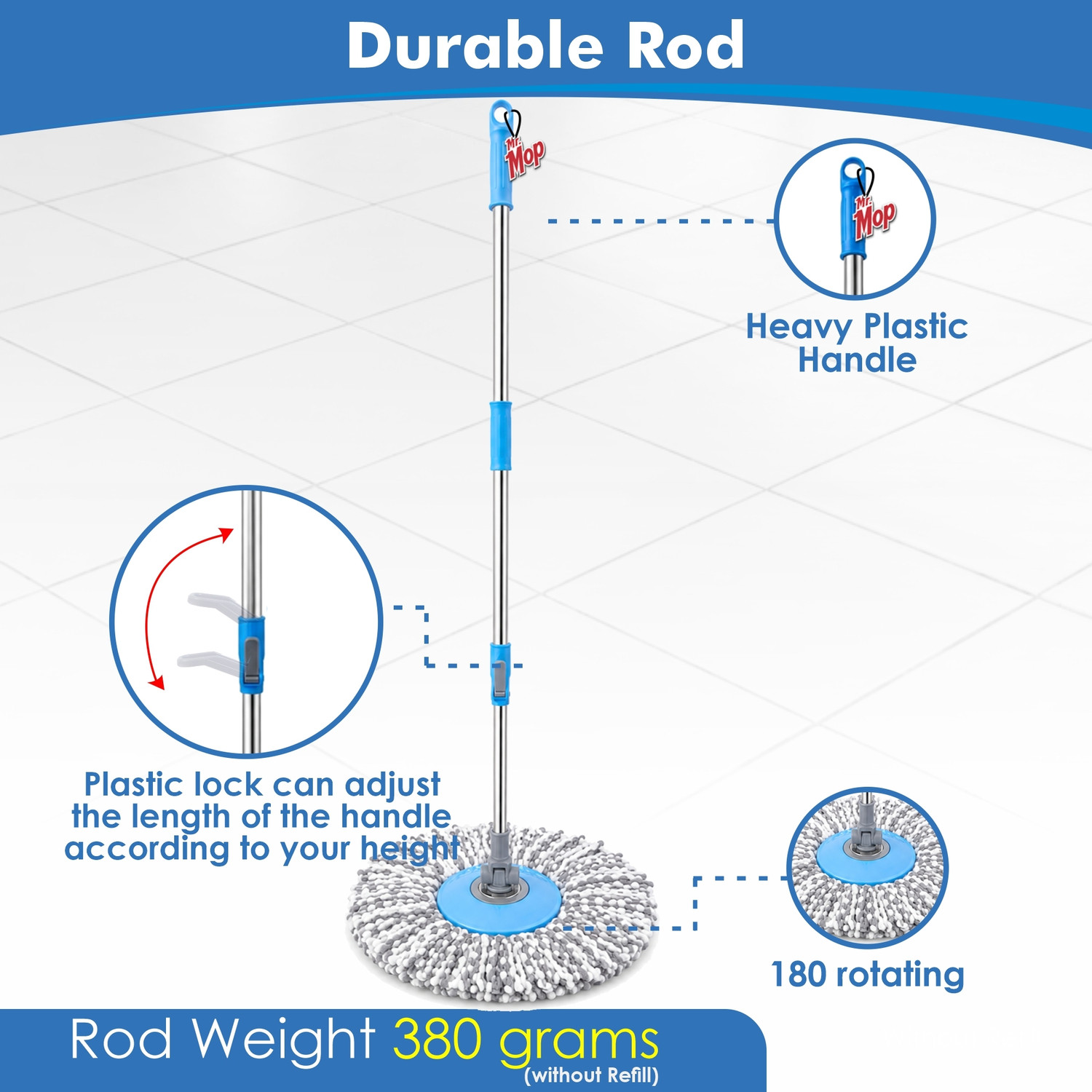 Image of MR. MOP Spin Mop Stick Rod with 1 Microfiber Refills for Home Floor Cleaning Mop Rod
