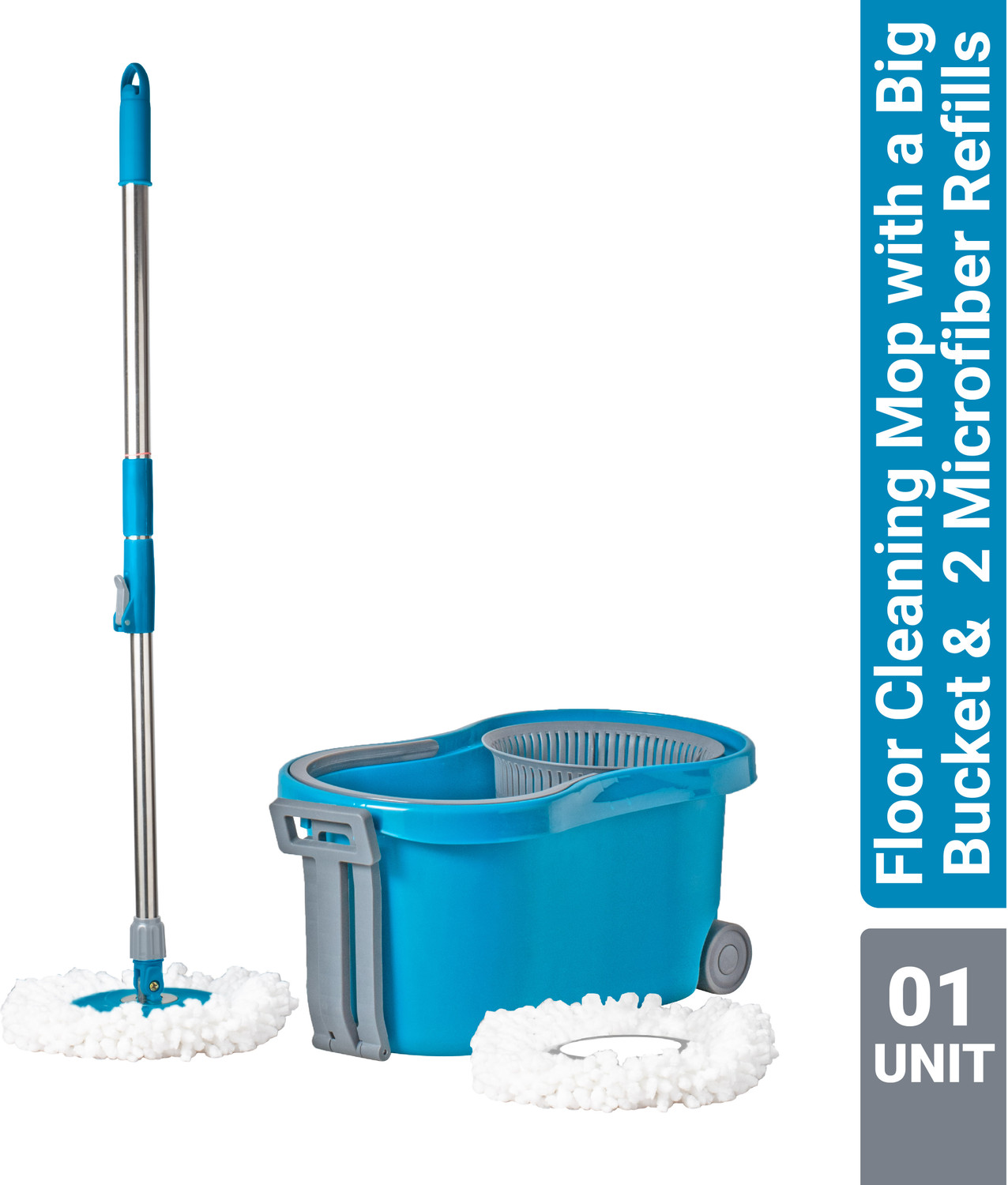 Image of Flipkart SmartBuy Spin Mop, Oval Bucket with Plastic Basket, 2 Microfiber Refills Mop Set