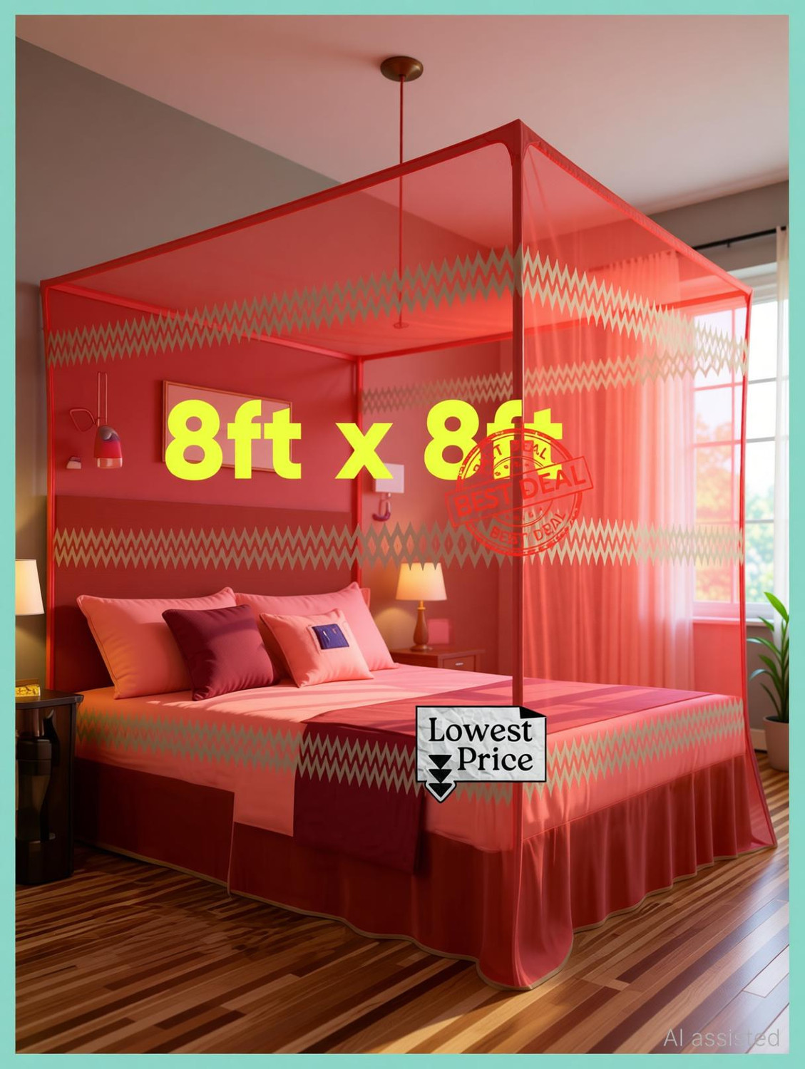 Image of Robi 907 RED PLAN 8FT X 8FT Cotton Washable Adults Mosquito Net