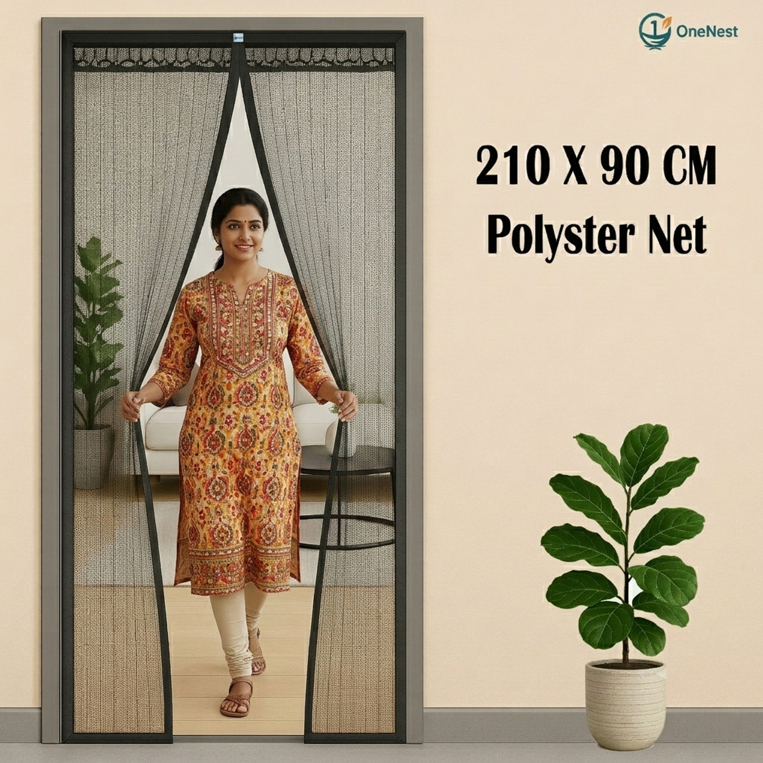 Image of OneNest (210*90 cm) Auto Close door curtain with magnet Polyester Washable Adults Mosquito Net