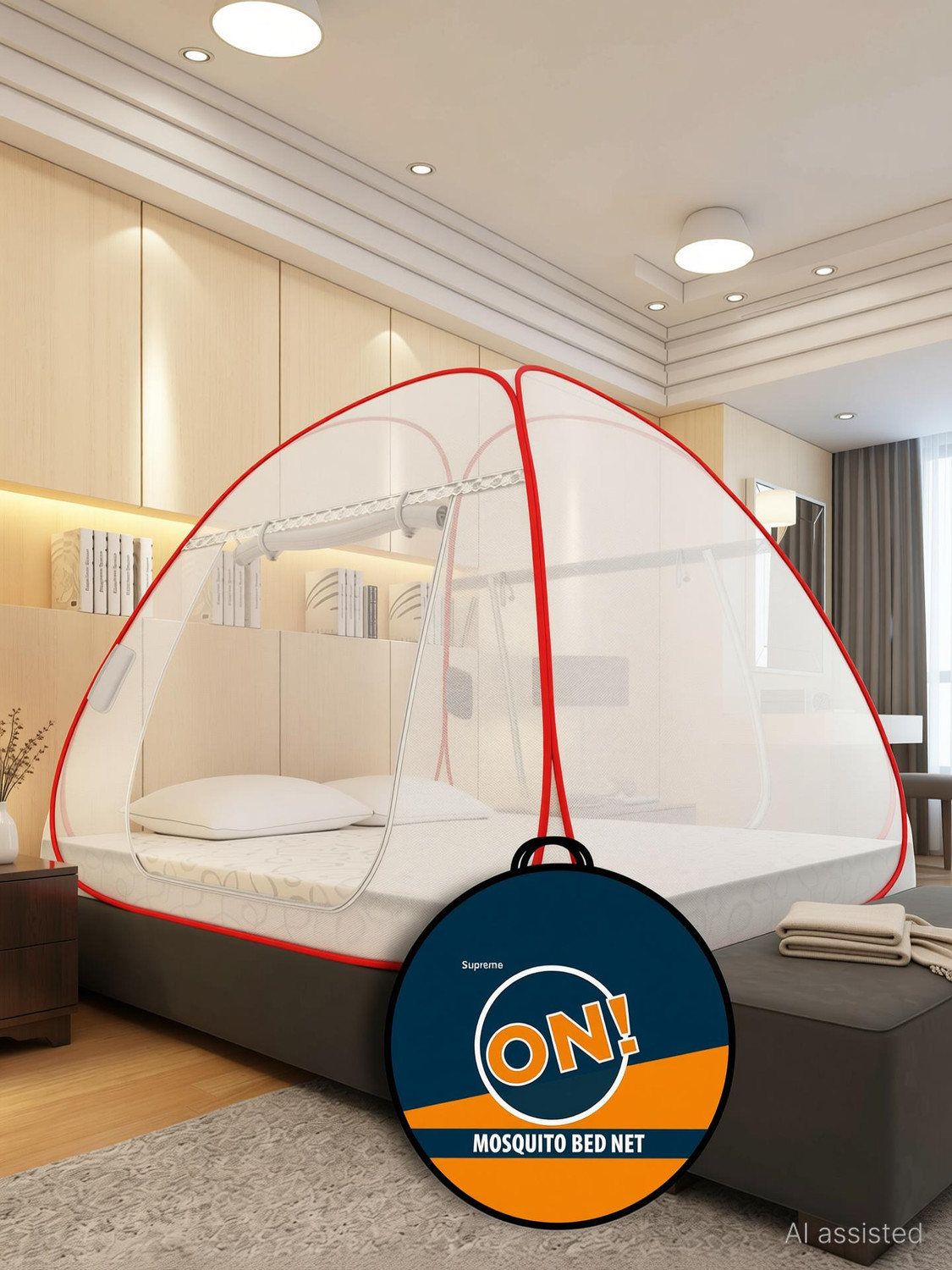 Image of Supreme On Double Bed Machardani with Pocket for Mobile, Spectacles; King-Size Premium Polyester Washable Adults Mosquito Net