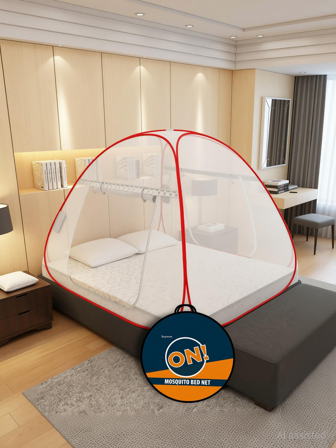 Image of Supreme On Double Bed Machardani with Pocket for Mobile, Spectacles; King-Size Premium Polyester Washable Adults Mosquito Net