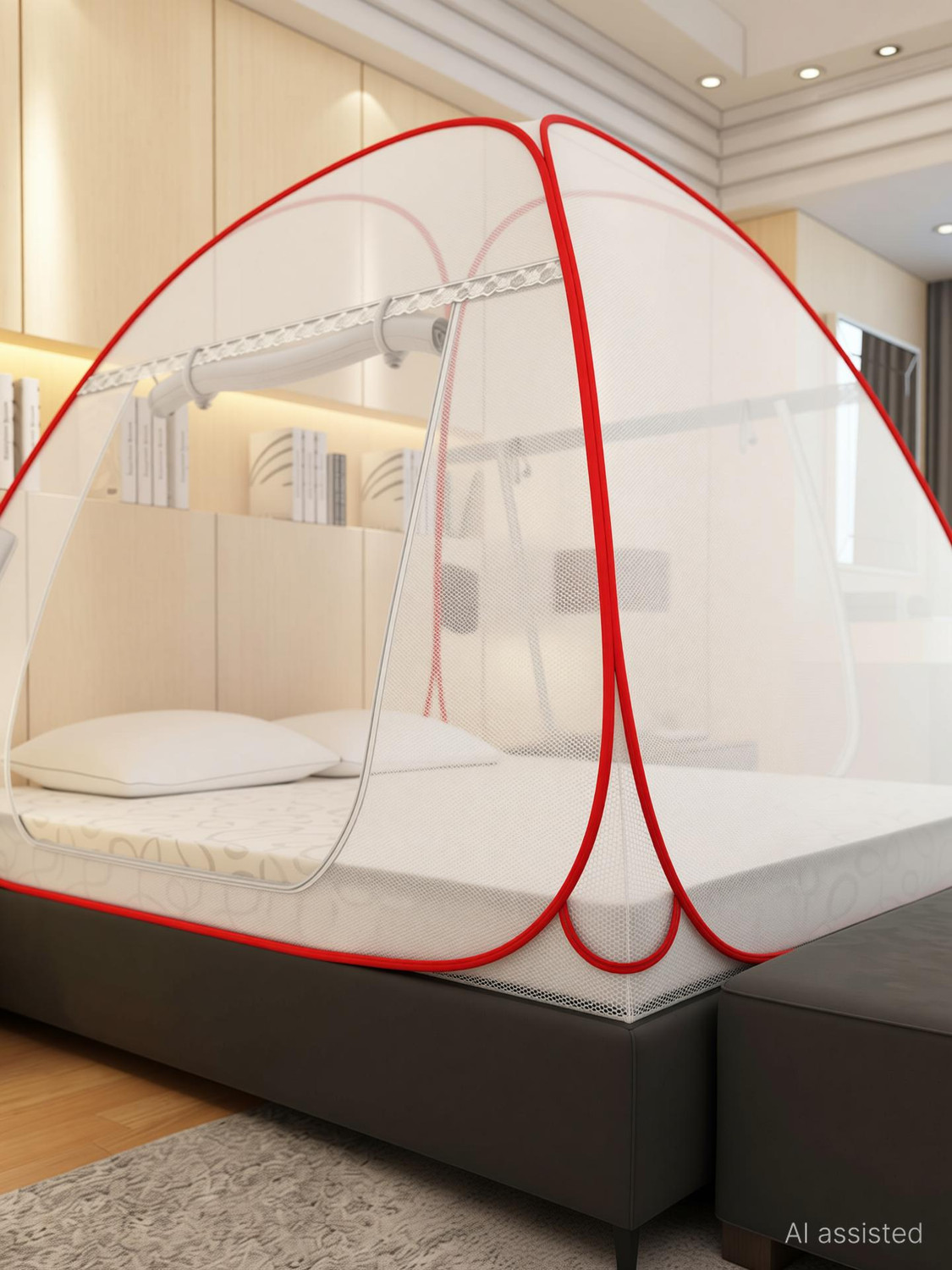 Image of Supreme On Double Bed Machardani with Pocket for Mobile, Spectacles; King-Size Premium Polyester Washable Adults Mosquito Net